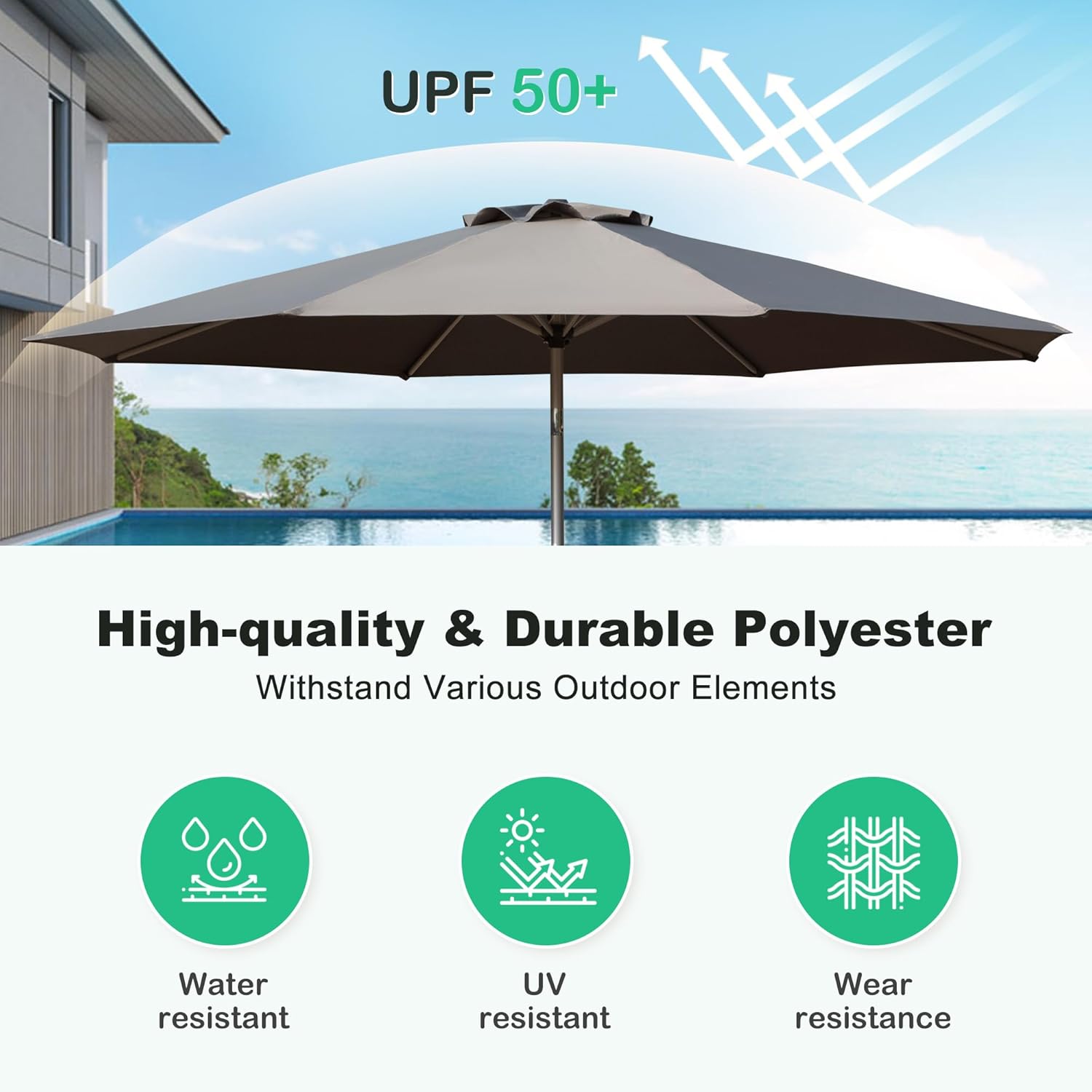 Domi 10FT Outdoor Patio Umbrella, Aluminum Large Table Umbrellas with 8 Sturdy Ribs, Tilt and Sun Umbrellas for Outdoor, Garden, Deck, Backyard and Pool (10FT, Gray)