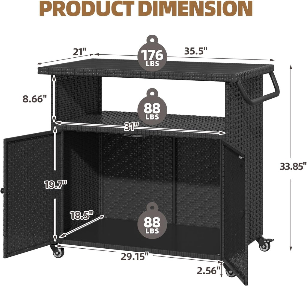 U-MAX Outdoor Grill Table with Storage Kitchen Island Prep Table with Wheels, Storage Cabinets Outdoor, BBQ Serving, Cart Cooking Grilling Station for Patio, Outside, Backyard, Bar