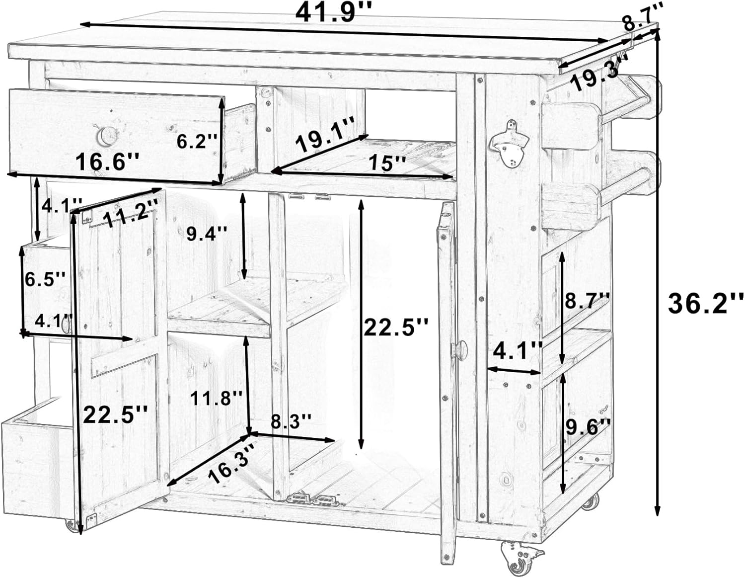 Merax Outdoor Extendable Kitchen Island with Storage, Stainless Steel Top Grill Table with Side Spice Rack, Solid Wood Kitchen Cart with Drawers and Storage Cabinet for Backyard, BBQ, Party