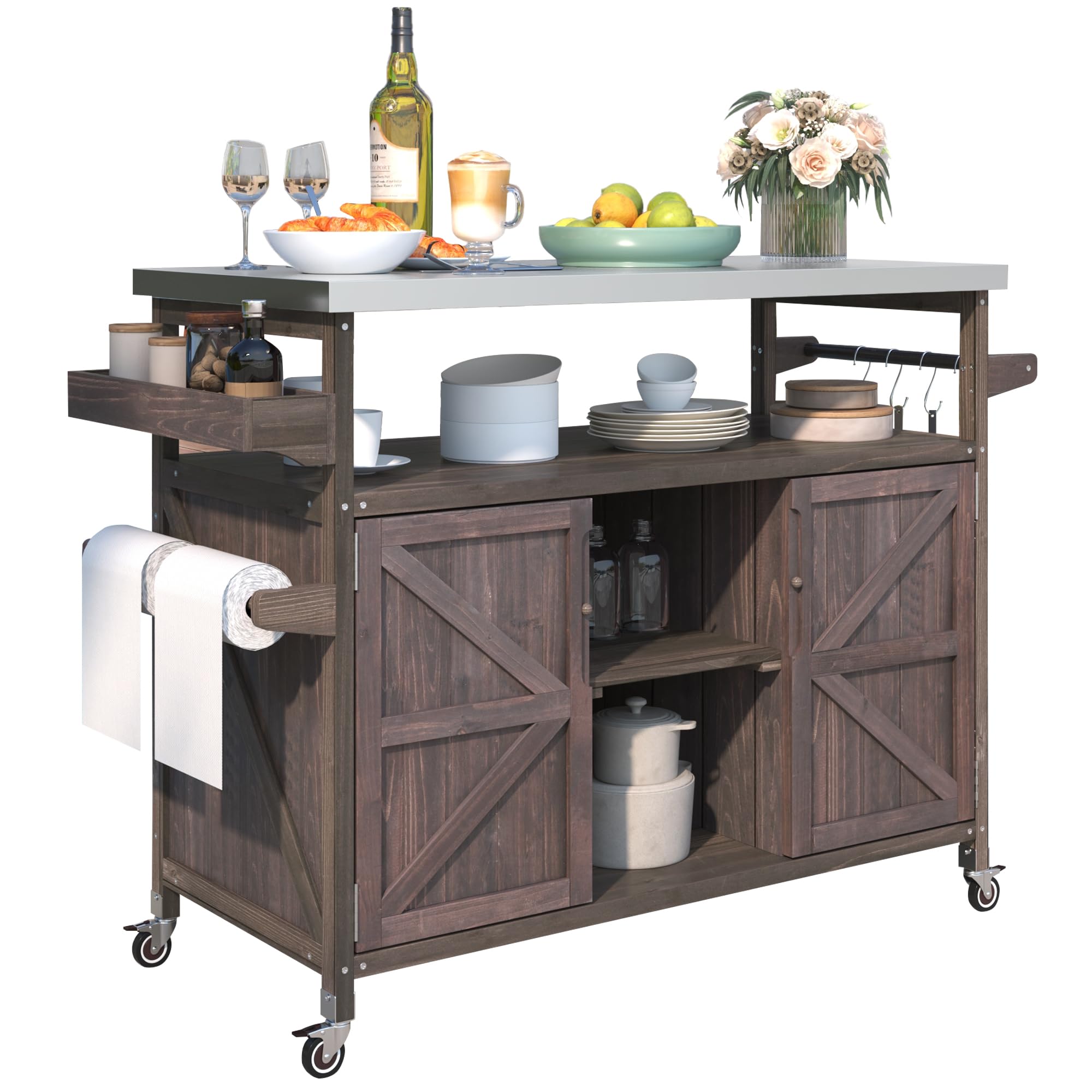 LUMISOL Outdoor Grill Table with Stainless Steel Top, Solid Wood Kitchen Island with Internal Storage Rack, Outdoor Storage Cabinet, Farmhouse Rolling Bar Cart with Spice & Towel Rack, Black