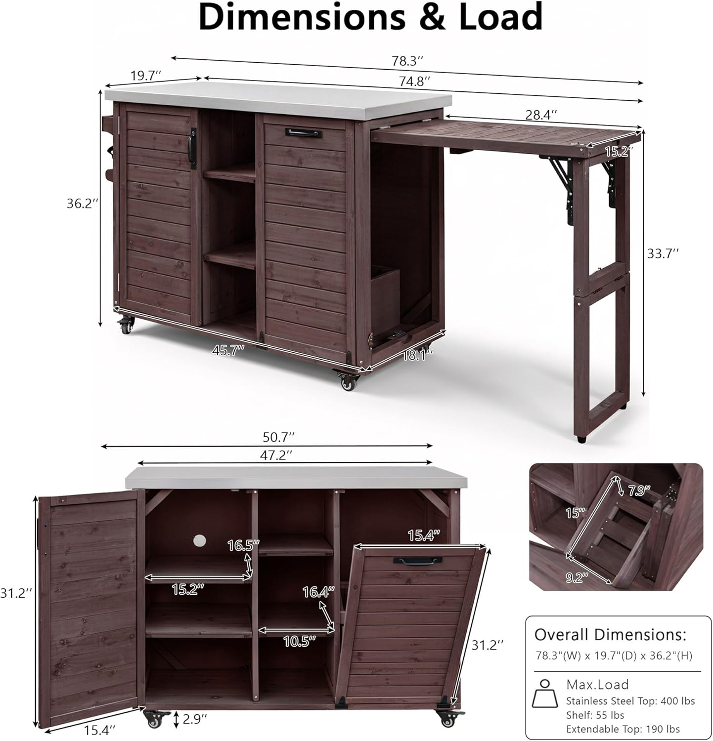 78.3" Outdoor Kitchen Island with Foldable Grill Table, Wooden Outdoor Grill Cart with Trash Can Storage & Stainless Steel Top, Outdoor Bar Cart, Pizza Oven Table for Lawn & Garden (Dark Brown1)