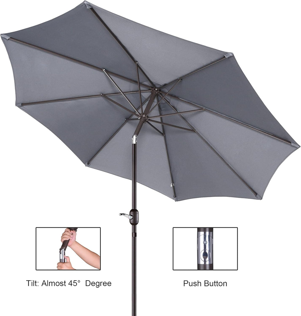 Pure Garden 9' Outdoor Patio Umbrella with 8 Ribs, Aluminum Pole and Push Button Tilt, Fade Resistant Market Umbrella (Gray)