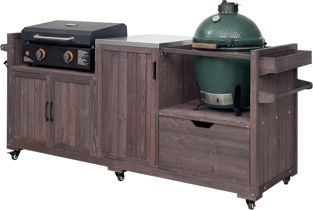 Outdoor Grill Table with Stainless Steel Top, Solid Wood Outdoor Kitchen Island with Drawer for Big Green Egg, Rolling Kitchen Cart for Blackstone Griddle (Dark Brown)