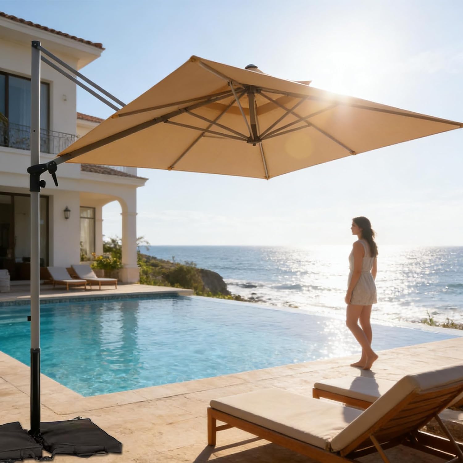 Patio Umbrella, Rectangle Outdoor Cantilever Umbrella, Aluminum Offset Umbrella with Champagne Frame for Pool Deck Garden Outdoor shade for Garden Deck Pool Patio, Beige(Weighted Base Not Include)