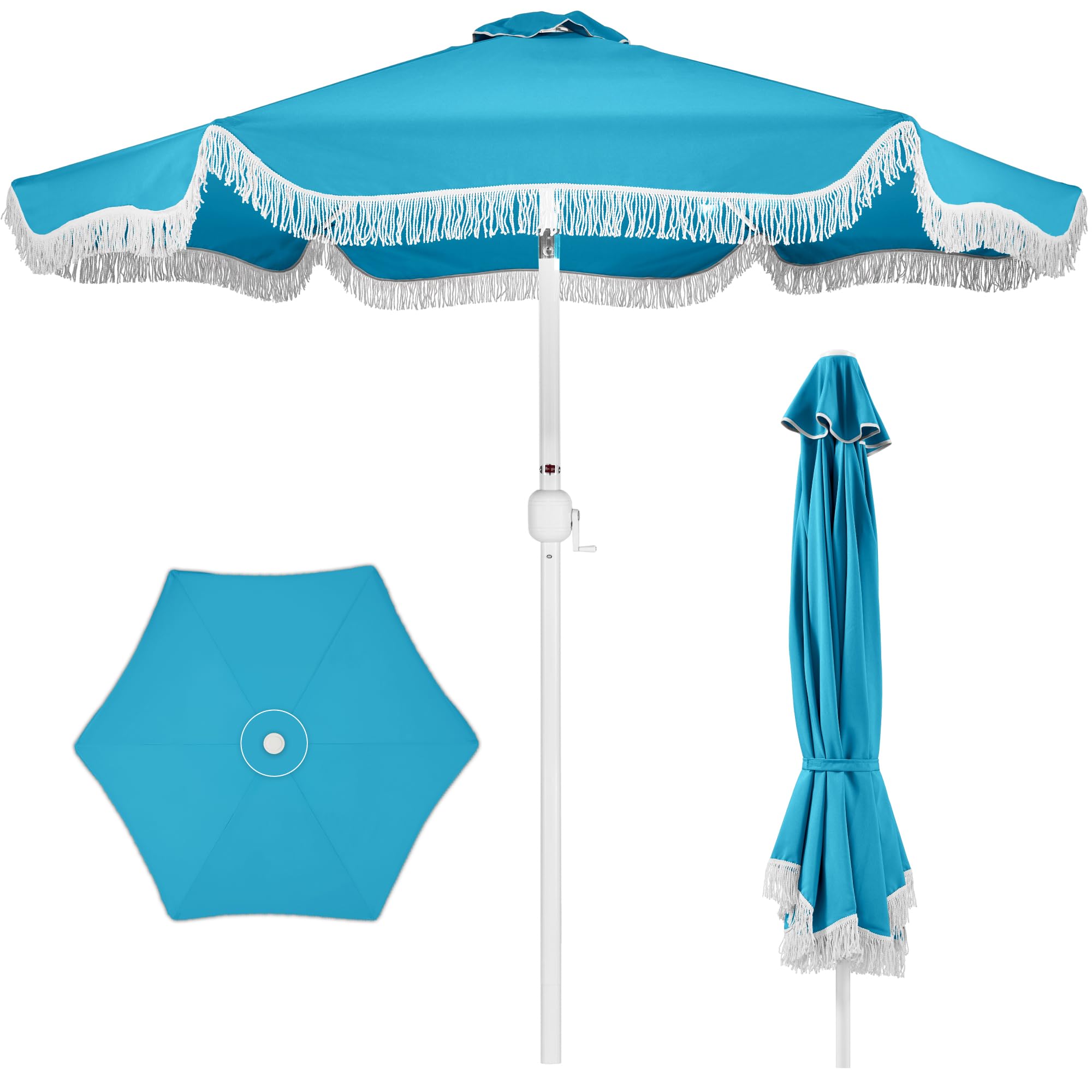 Best Choice Products 9ft Fringe Market Patio Umbrella – Outdoor Boho Tassel Sunshade for Table, Pool, Deck, Backyard – UPF50+, Easy Tilt, Heavy Duty Steel Pole & Ribs - Navy Pinstripe