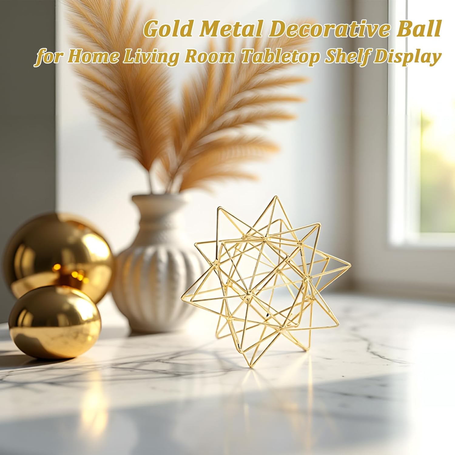 5.75" Gold Decorative Sphere, Metal Geometric Tabletop Decoration, Abstract Gold Decorative Ball, 3D Tabletop Sculpture for Home Metal Sphere Decor
