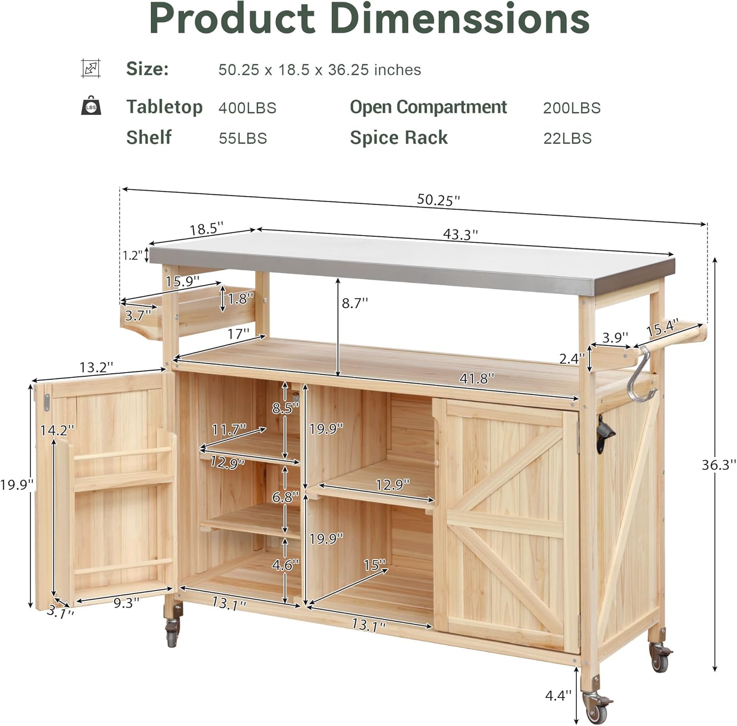 Farmhouse Outdoor Kitchen Island, Rolling Bar Cart & Storage Cabinet with Stainless Steel Top, Spice Rack, Towel Rack for Kitchen & Barbecue, Solid Wood Outdoor Grill Table (Natural)