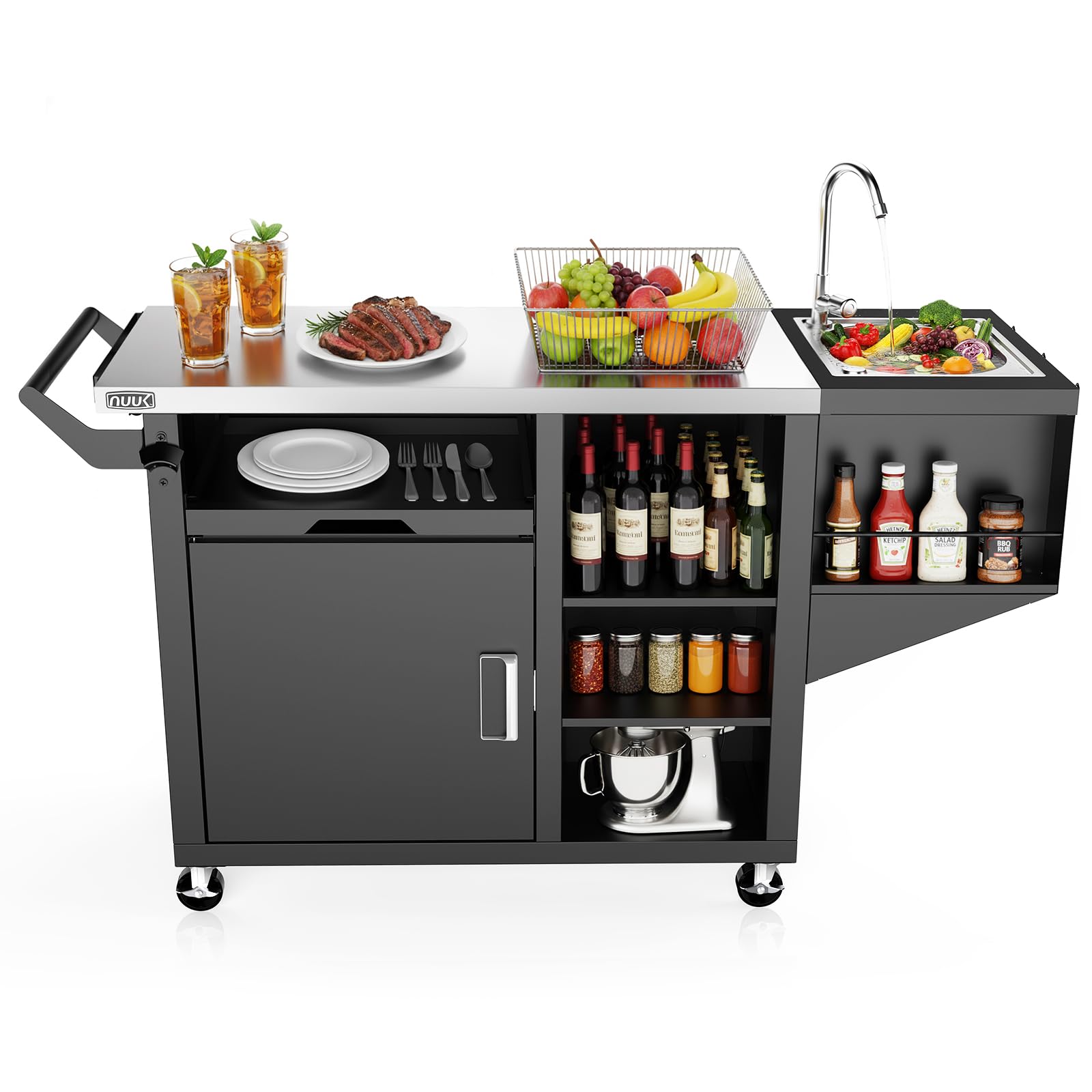 NUUK Grill Table with Storage Cabinet, Outdoor Bar Cart Pizza Oven Table with Wheels, Stainless Steel Top Kitchen Island 20" x 30" Rolling Prep Station for Indoor, BBQ, Deck, Backyard