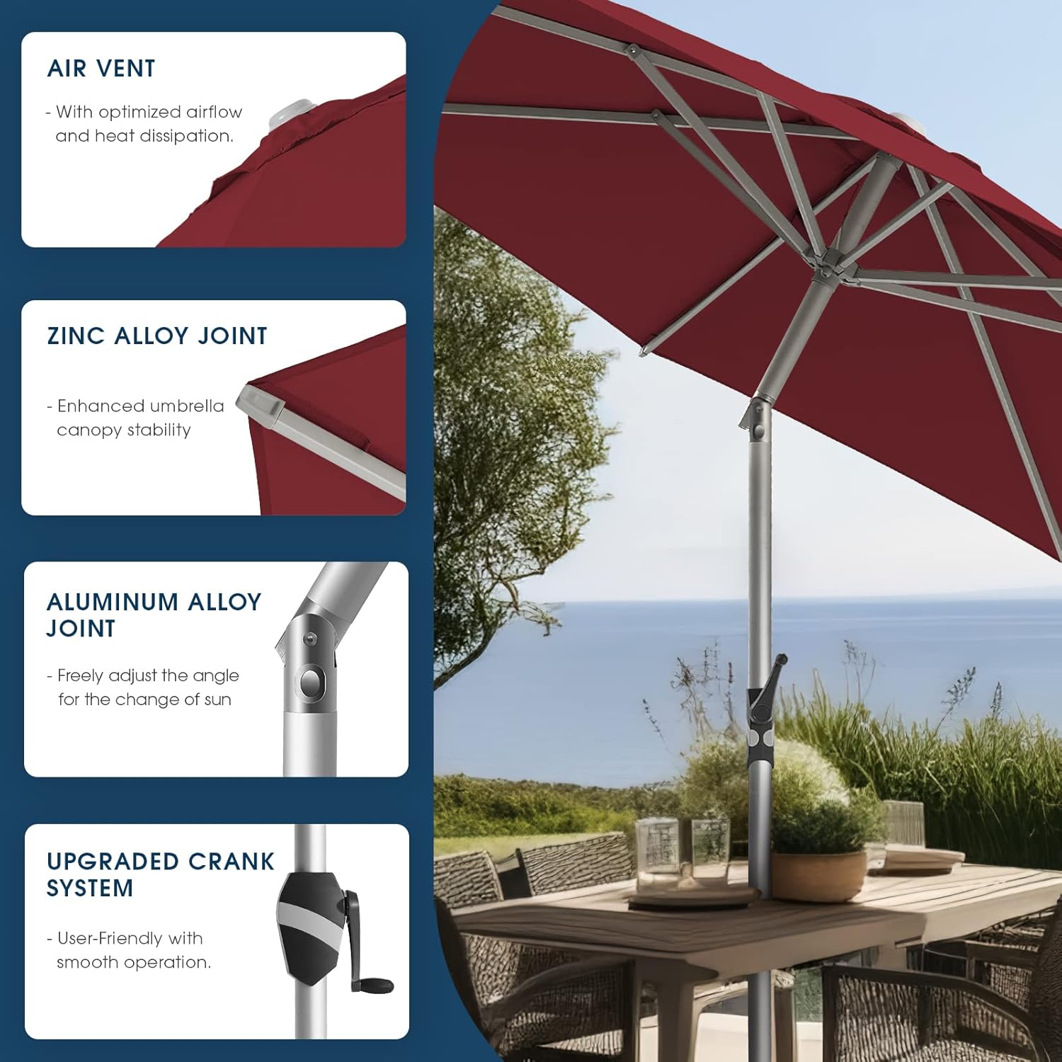 BLUU 9 FT Aluminum Outdoor Patio Umbrella, 5-YEAR Fade-Resistant Outdoor Market Table Umbrella with Push Button Tilt, for Pool, Deck, Garden and Lawn (Burgundy)