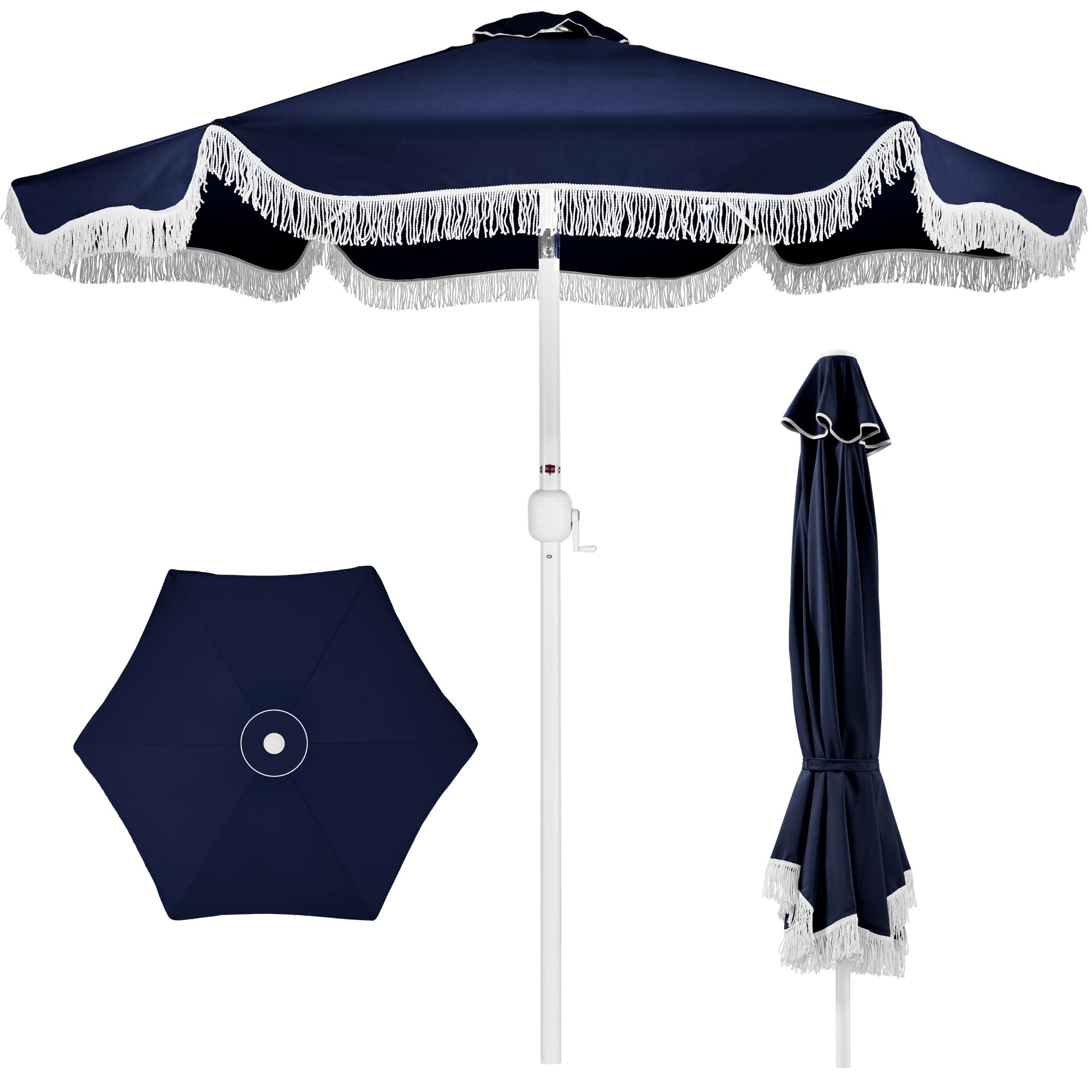 Best Choice Products 9ft Fringe Market Patio Umbrella – Outdoor Boho Tassel Sunshade for Table, Pool, Deck, Backyard – UPF50+, Easy Tilt, Heavy Duty Steel Pole & Ribs - Navy Pinstripe