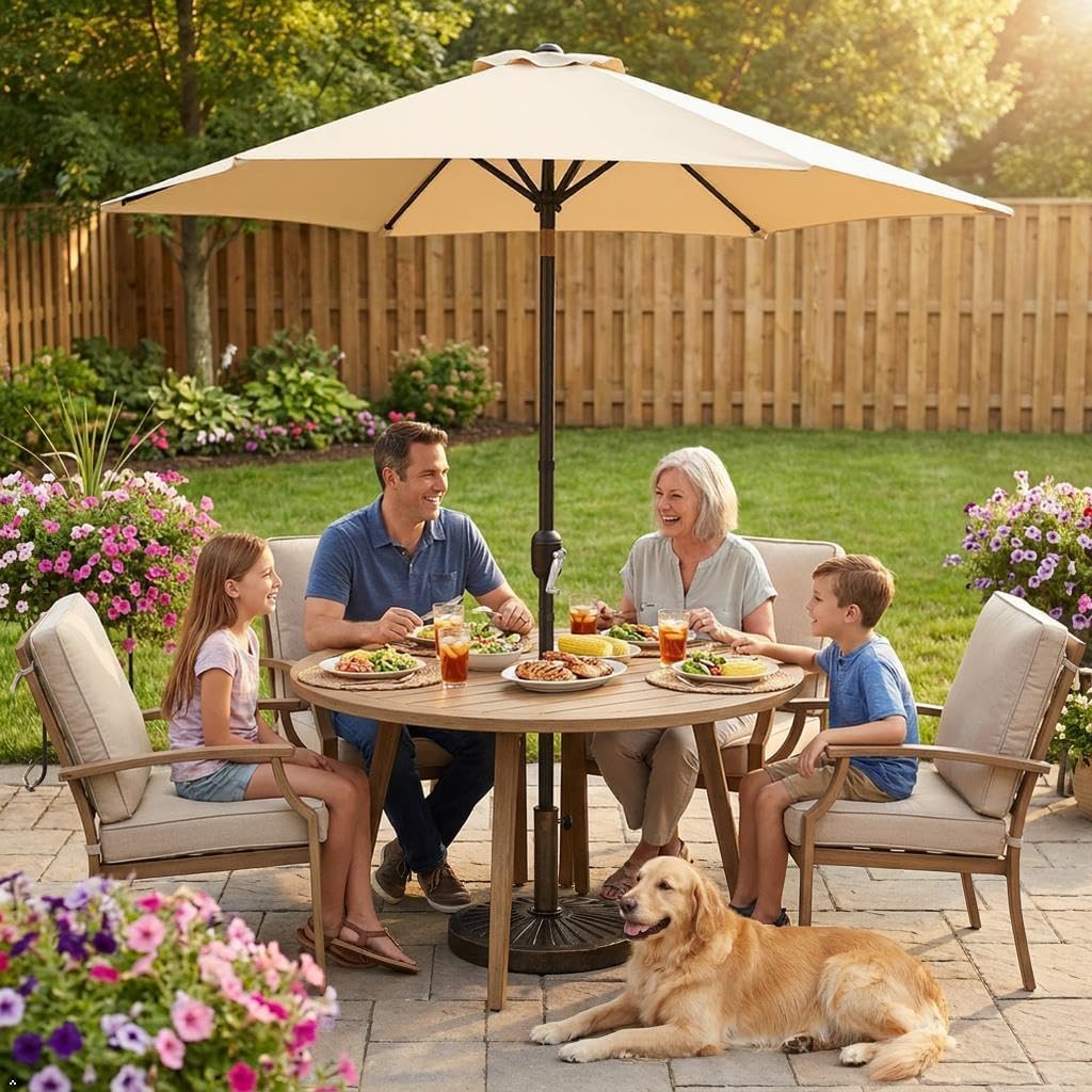 Yaheetech 9FT Patio Umbrella Outdoor with Heavy Duty Base Included,Table Umbrella with Push Button Tilt and Crank, UV Protection Waterproof for Yard/Outdoor/Wedding Parties and Events - Tan
