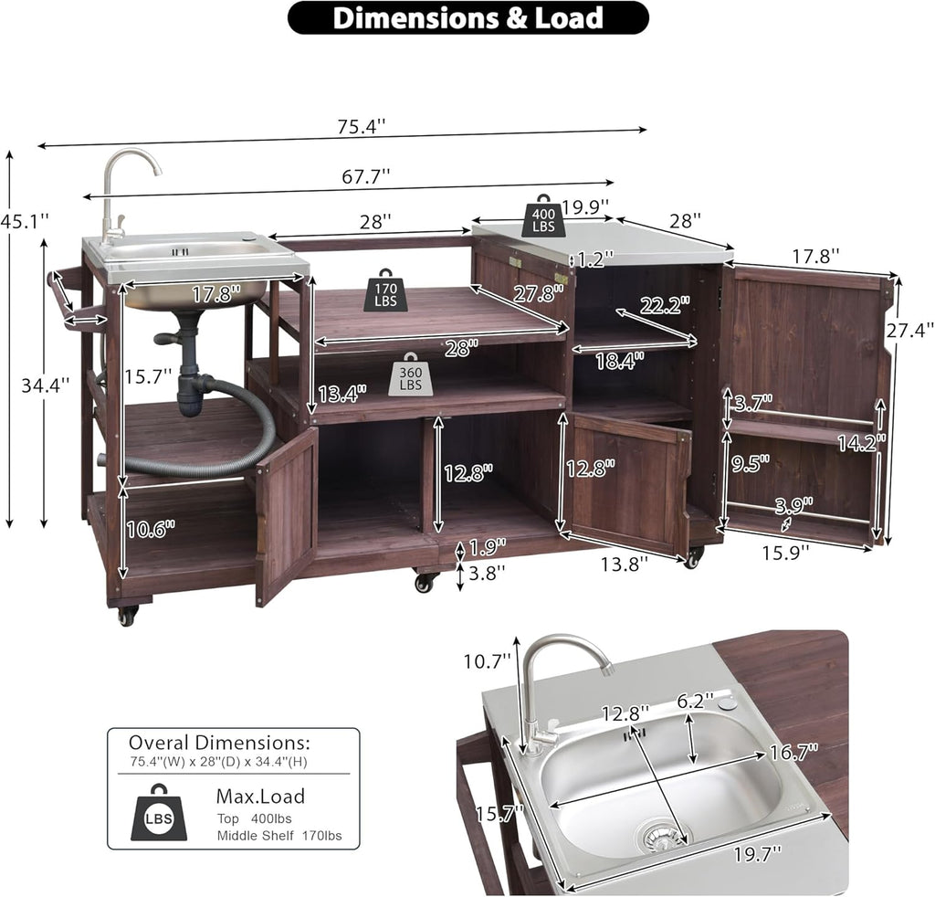 75.4" Outdoor Kitchen Island with Sink, Solid Wood Grill Cart, Rolling BBQ Prep Station with Stainless Steel Top, Towel Rack & Spice Rack, BBQ Cart (Grills NOT Included) (Brown, 75.4 inch)