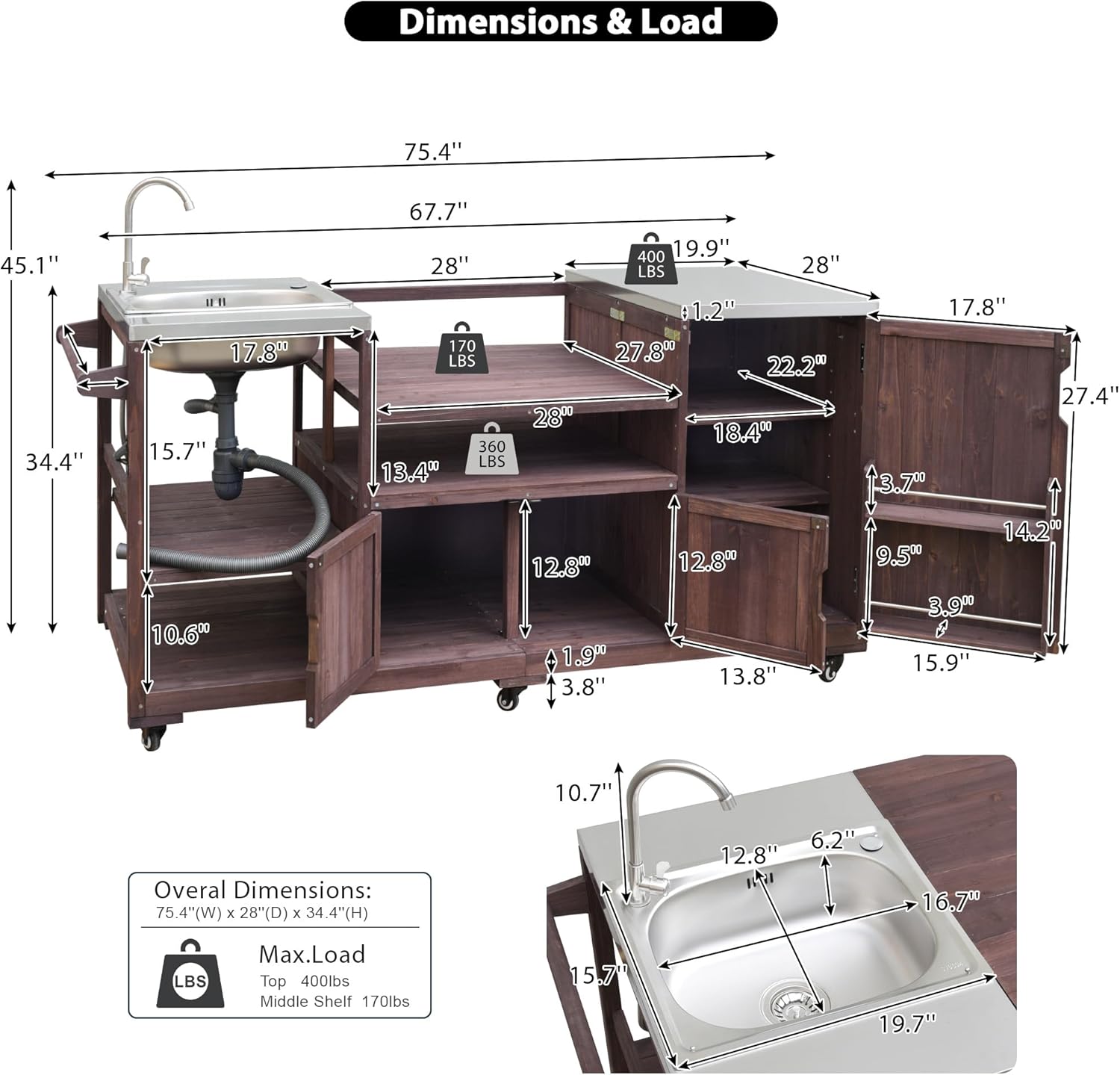 75.4" Outdoor Kitchen Island with Sink, Solid Wood Grill Cart, Rolling BBQ Prep Station with Stainless Steel Top, Towel Rack & Spice Rack, BBQ Cart (Grills NOT Included) (Brown, 75.4 inch)