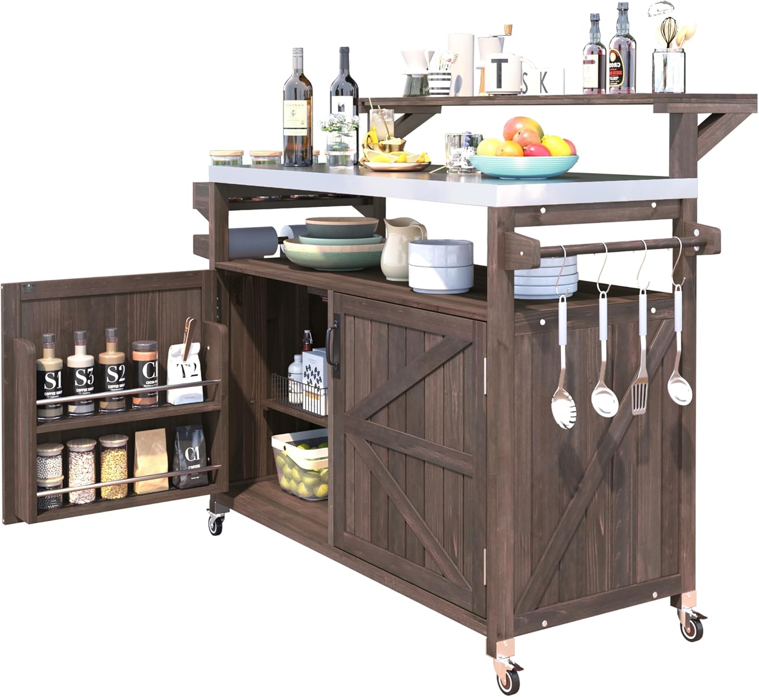 LUMISOL Outdoor Rolling Kitchen Island with Stainless Steel Top, Solid Wood Grill Table with Raised Shelf and Internal Storage Rack, 53.3" Storage Cabinet with Spice & Towel Rack, Brown