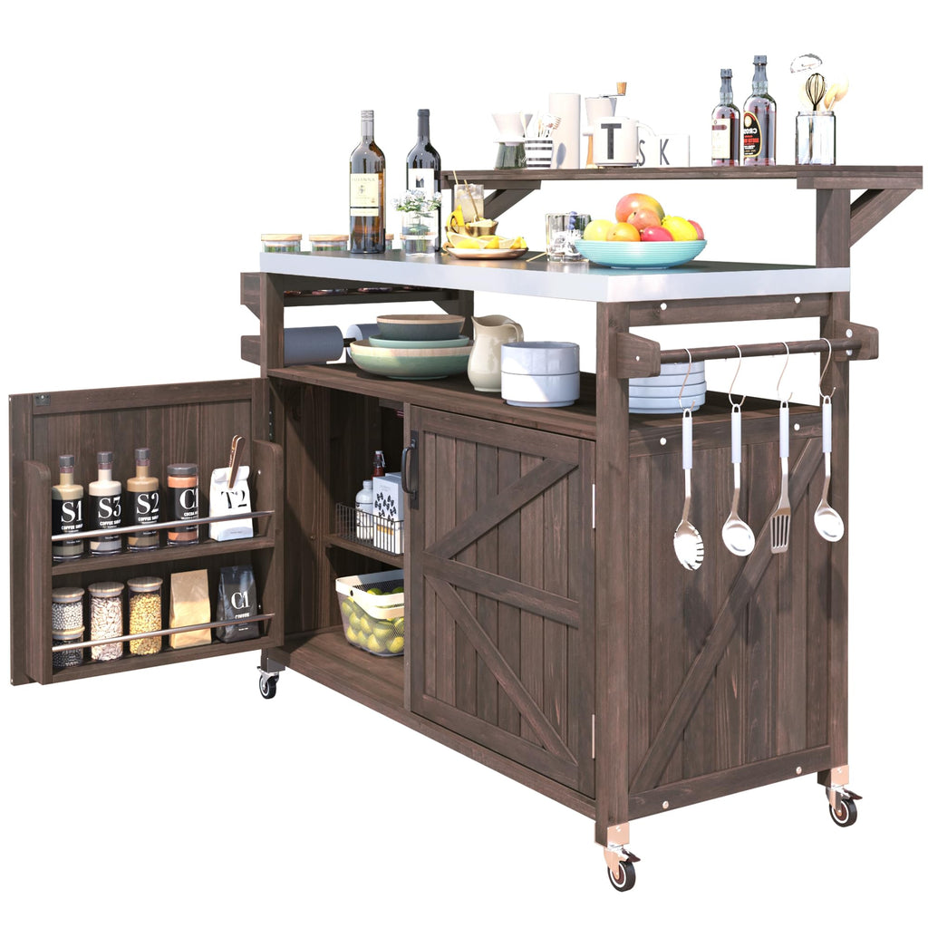 LUMISOL Outdoor Rolling Kitchen Island with Stainless Steel Top, Solid Wood Grill Table with Raised Shelf and Internal Storage Rack, 53.3" Storage Cabinet with Spice & Towel Rack, Brown