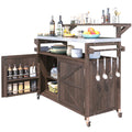 LUMISOL Outdoor Rolling Kitchen Island with Stainless Steel Top, Solid Wood Grill Table with Raised Shelf and Internal Storage Rack, 53.3" Storage Cabinet with Spice & Towel Rack, Brown