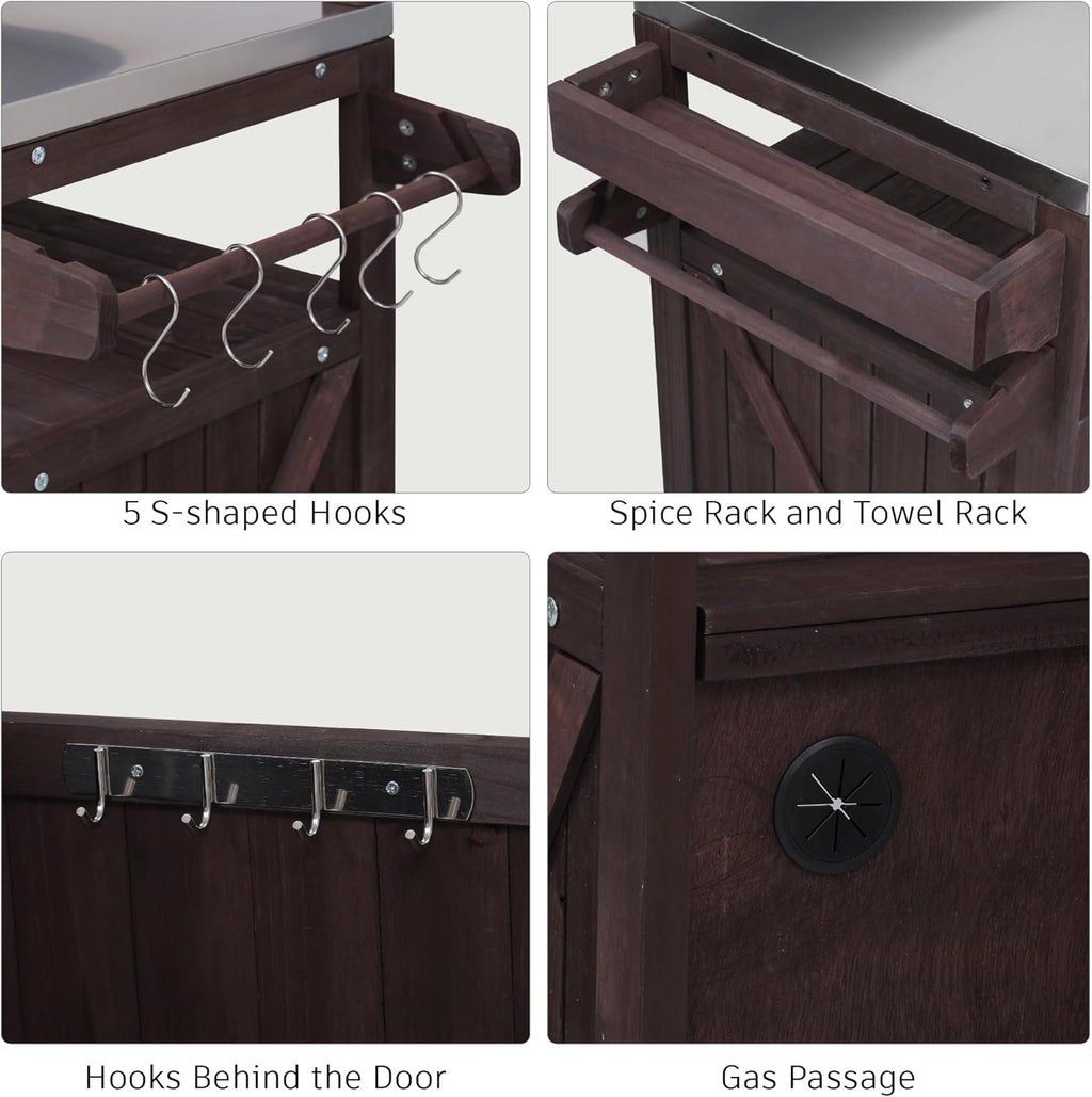LUMISOL Outdoor Rolling Kitchen Island with Stainless Steel Top, Solid Wood Grill Table with Raised Shelf and Internal Storage Rack, 53.3" Storage Cabinet with Spice & Towel Rack, Brown