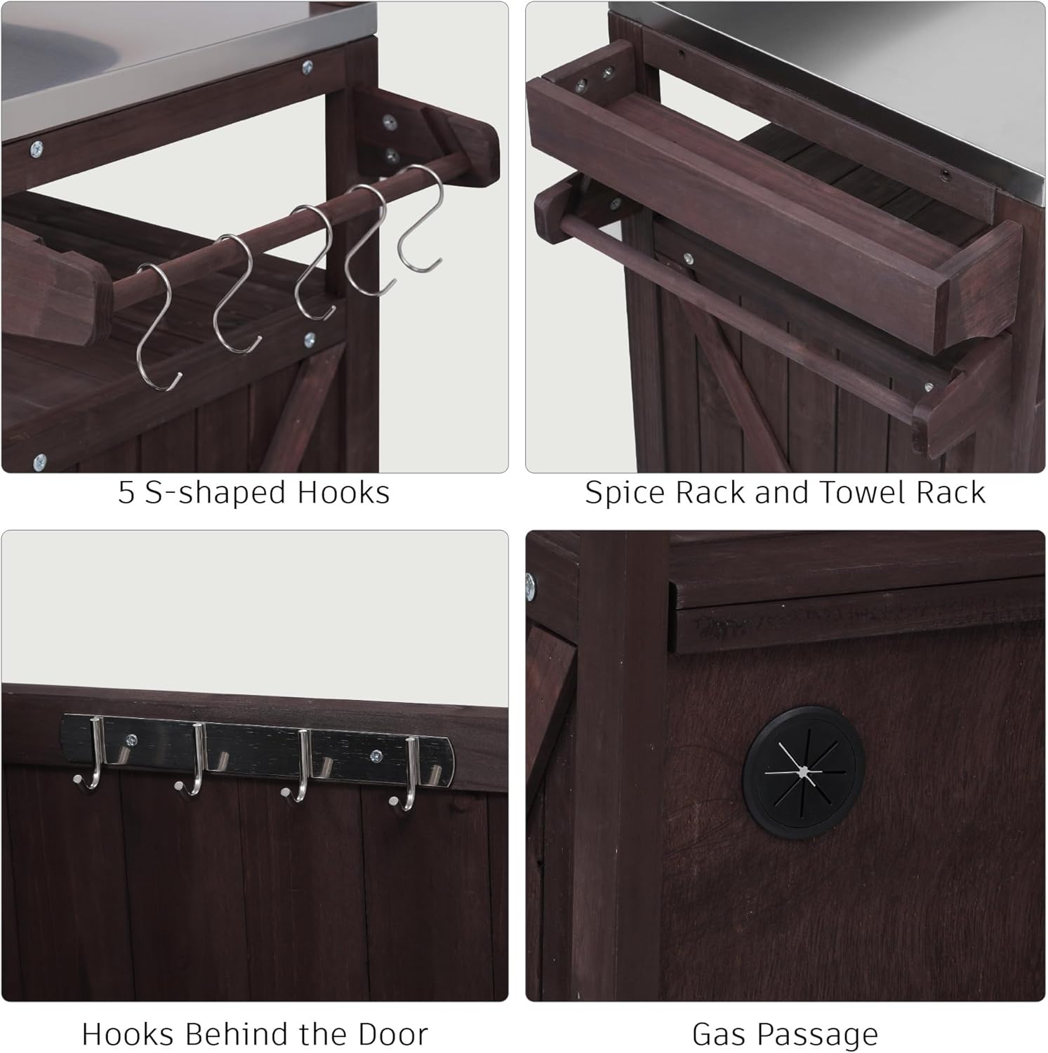 LUMISOL Outdoor Rolling Kitchen Island with Stainless Steel Top, Solid Wood Grill Table with Raised Shelf and Internal Storage Rack, 53.3" Storage Cabinet with Spice & Towel Rack, Brown