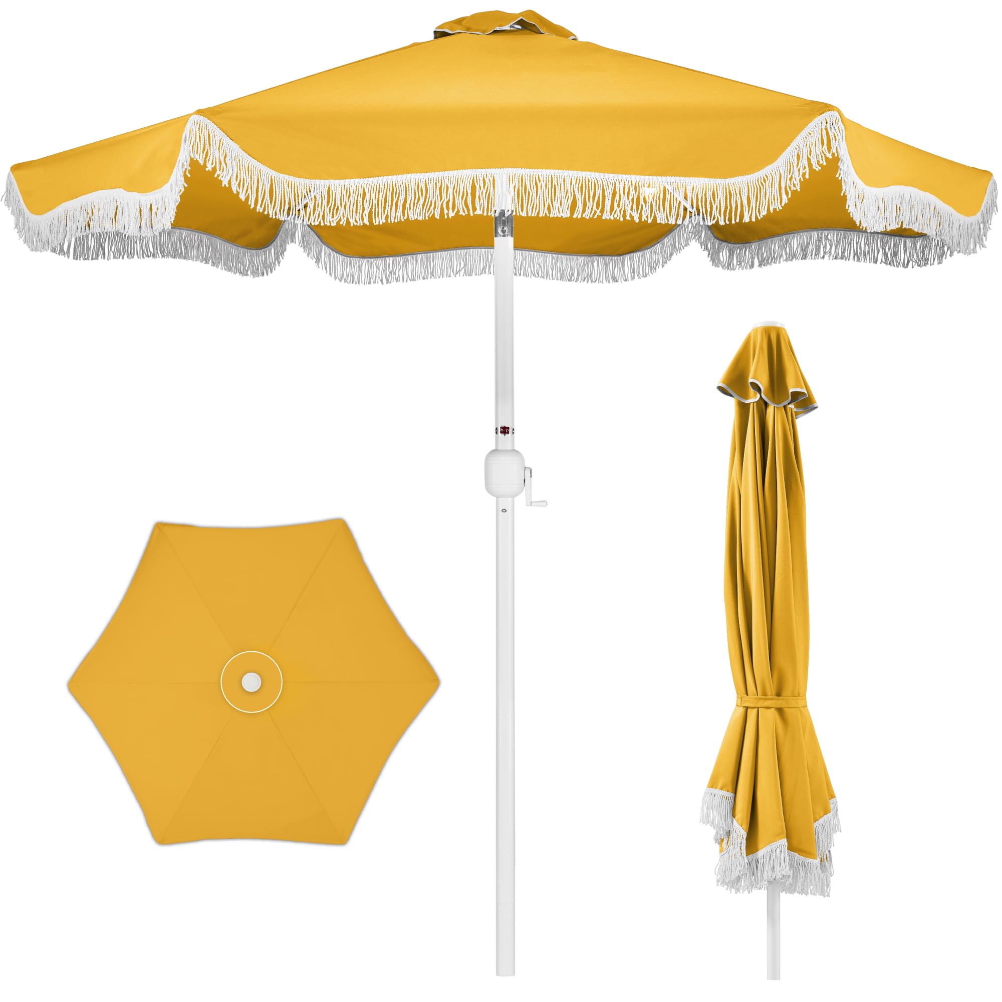 Best Choice Products 9ft Fringe Market Patio Umbrella – Outdoor Boho Tassel Sunshade for Table, Pool, Deck, Backyard – UPF50+, Easy Tilt, Heavy Duty Steel Pole & Ribs - Navy Pinstripe