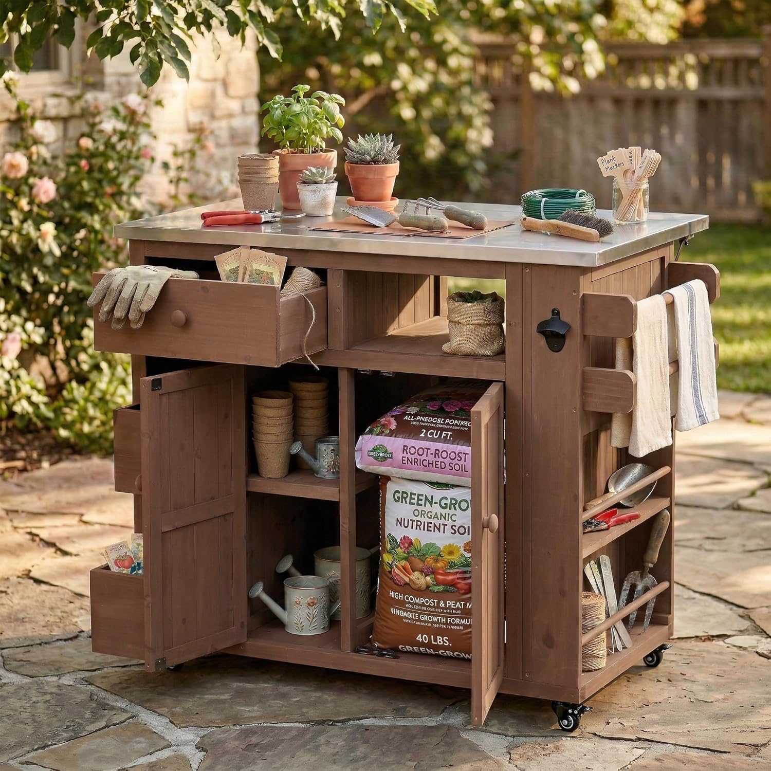 Merax Outdoor Extendable Kitchen Island with Storage, Stainless Steel Top Grill Table with Side Spice Rack, Solid Wood Kitchen Cart with Drawers and Storage Cabinet for Backyard, BBQ, Party