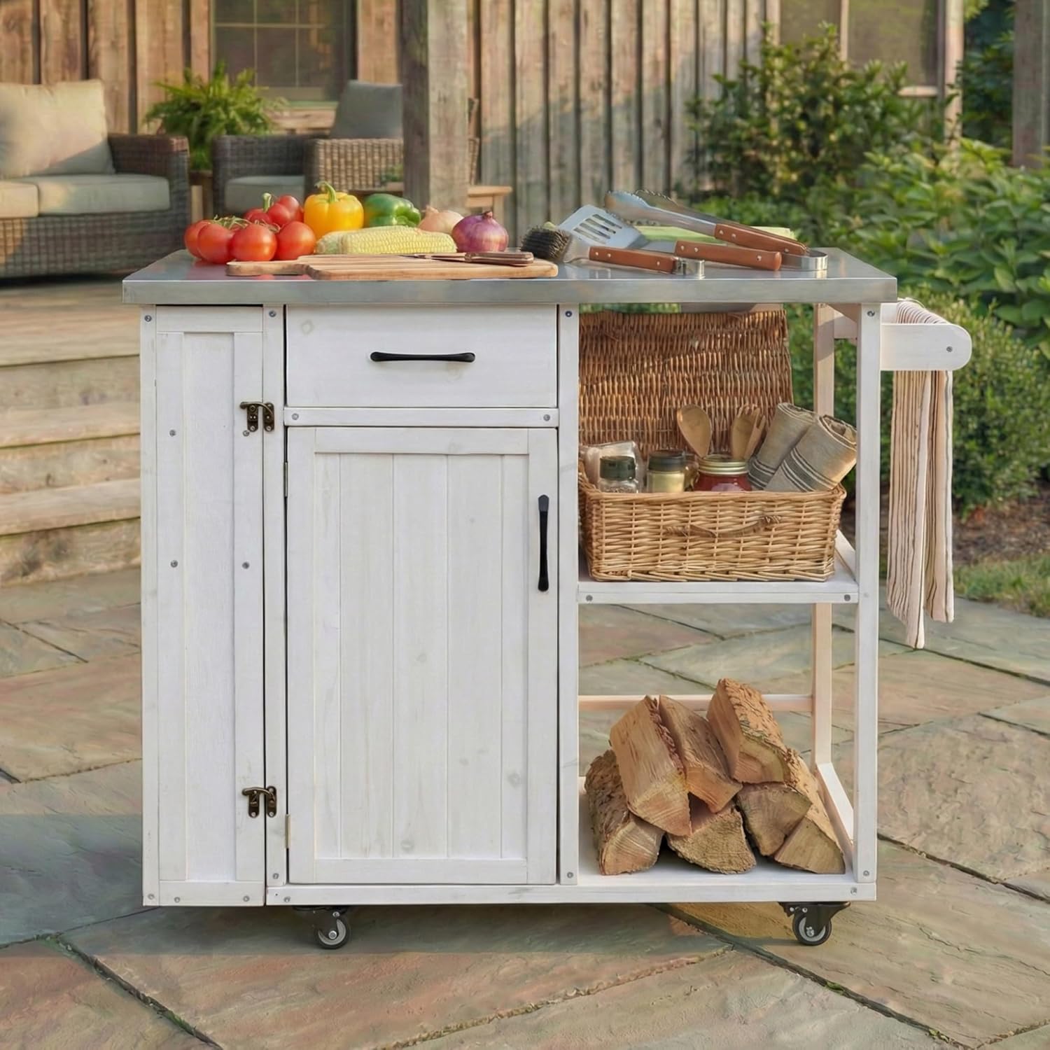 RuiSiSi Outdoor Kitchen Island with Stainless Steel Top, Rolling Grill Cart with Storage Cabinet, Drawer, Spice Rack & Towel Holder, Solid Wood BBQ Prep Table for Patio Backyard, Gray