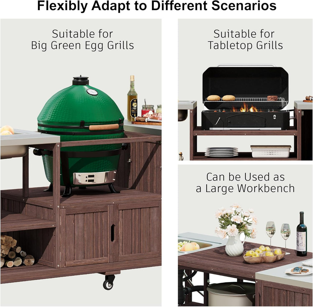 75.4" Outdoor Kitchen Island with Sink, Solid Wood Grill Cart, Rolling BBQ Prep Station with Stainless Steel Top, Towel Rack & Spice Rack, BBQ Cart (Grills NOT Included) (Brown, 75.4 inch)