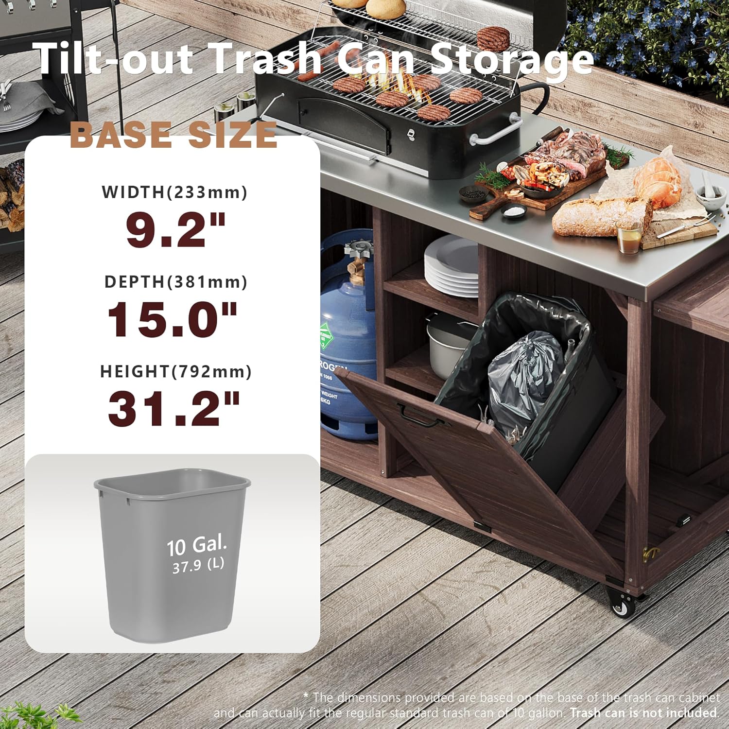 78.3" Outdoor Kitchen Island with Foldable Grill Table, Wooden Outdoor Grill Cart with Trash Can Storage & Stainless Steel Top, Outdoor Bar Cart, Pizza Oven Table for Lawn & Garden (Dark Brown1)