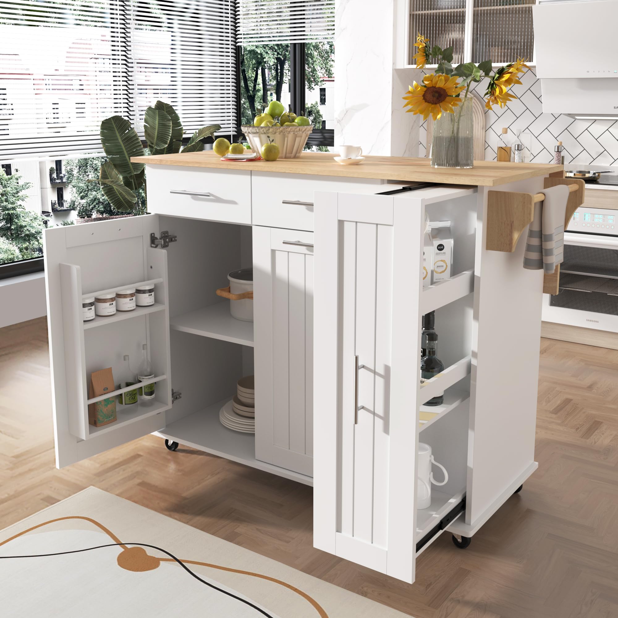 Farmhouse Outdoor Kitchen Island, Rolling Bar Cart & Storage Cabinet with Stainless Steel Top, Spice Rack, Towel Rack for Kitchen & Barbecue, Solid Wood Outdoor Grill Table (Natural)