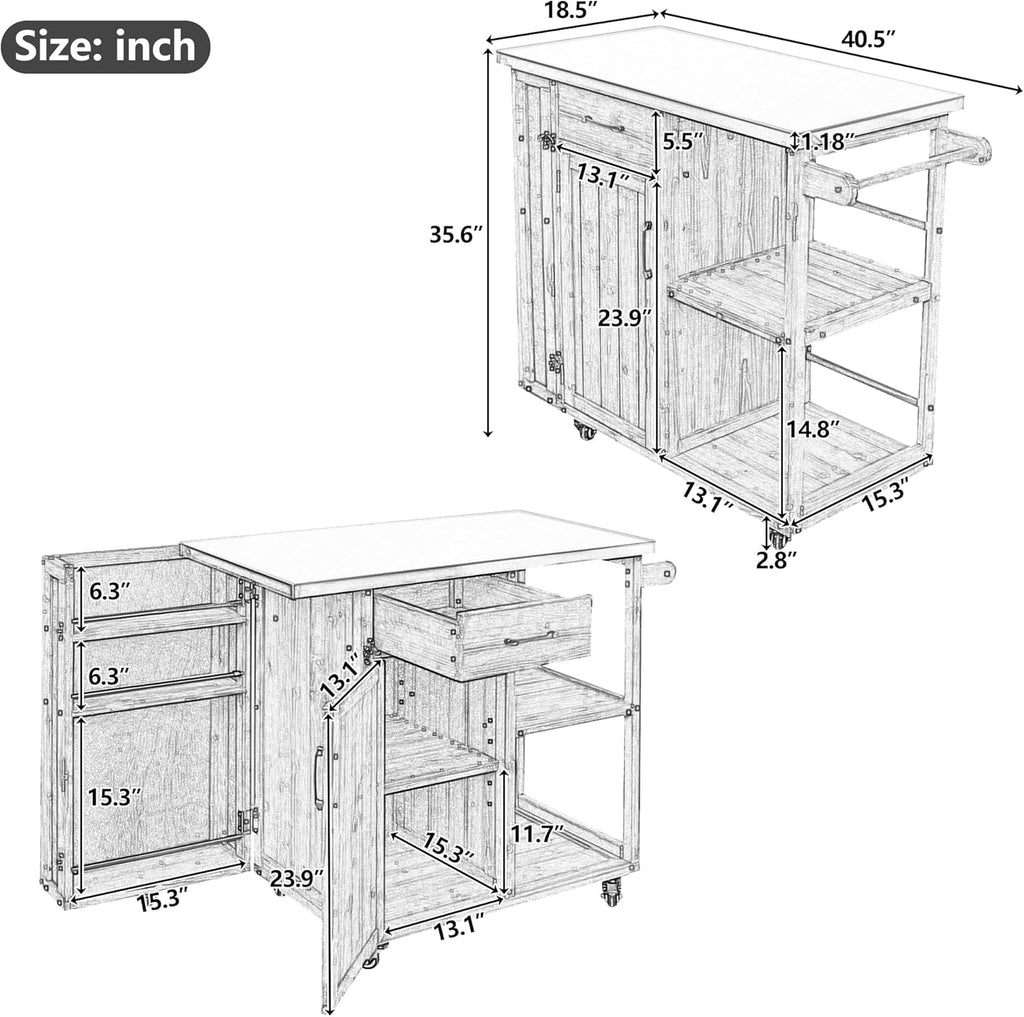 RuiSiSi Outdoor Kitchen Island with Stainless Steel Top, Rolling Grill Cart with Storage Cabinet, Drawer, Spice Rack & Towel Holder, Solid Wood BBQ Prep Table for Patio Backyard, Gray