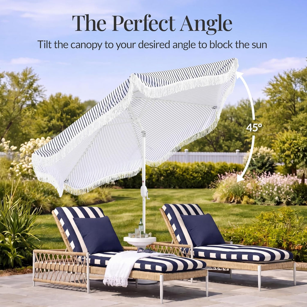 Best Choice Products 9ft Fringe Market Patio Umbrella – Outdoor Boho Tassel Sunshade for Table, Pool, Deck, Backyard – UPF50+, Easy Tilt, Heavy Duty Steel Pole & Ribs - Navy Pinstripe