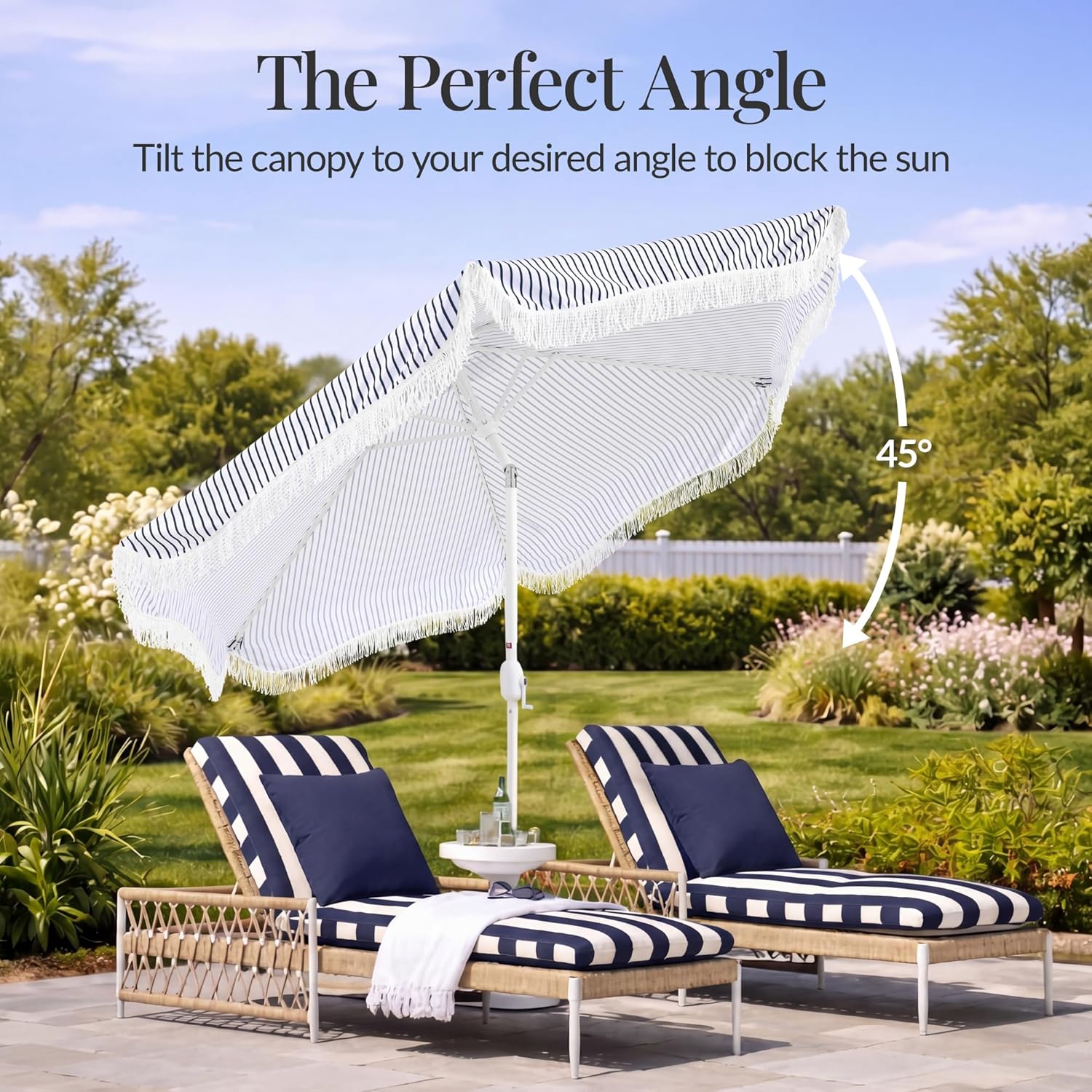 Best Choice Products 9ft Fringe Market Patio Umbrella – Outdoor Boho Tassel Sunshade for Table, Pool, Deck, Backyard – UPF50+, Easy Tilt, Heavy Duty Steel Pole & Ribs - Navy Pinstripe