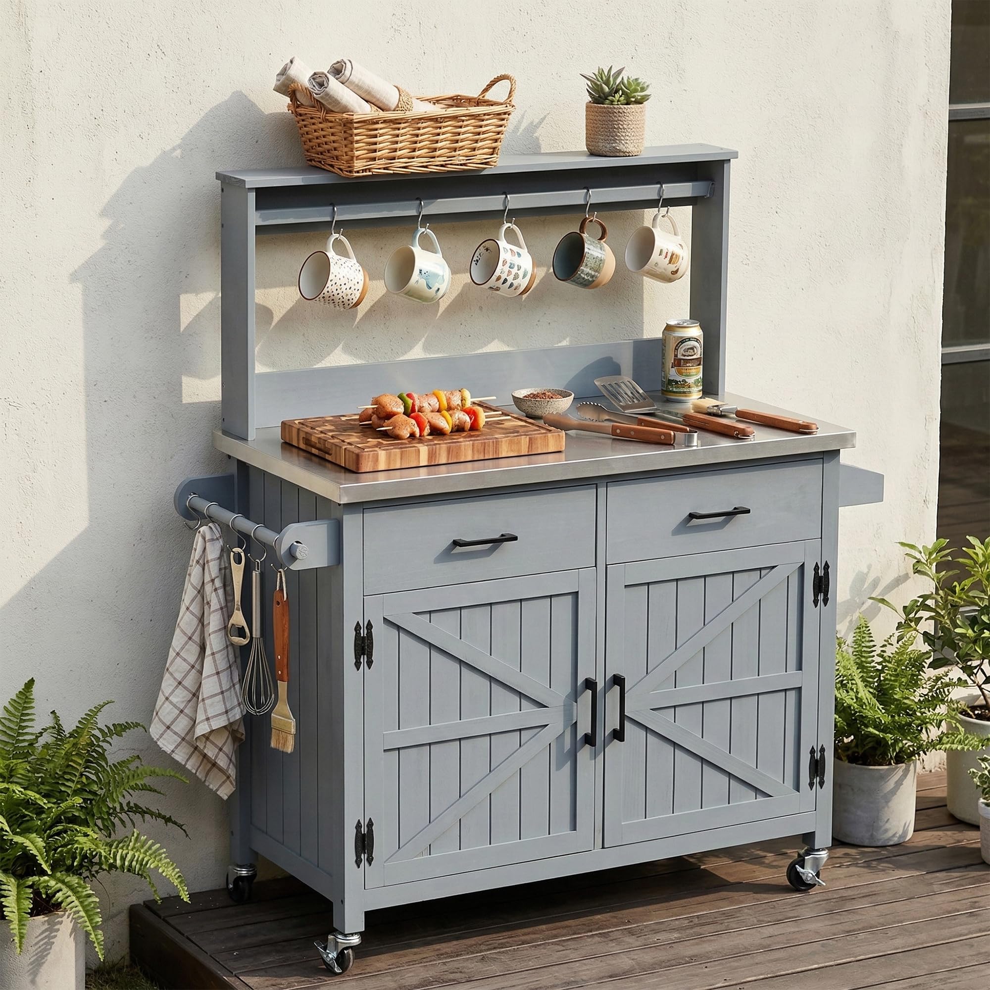 LUMISOL Outdoor Grill Table with Stainless Steel Top, Solid Wood Kitchen Island with Internal Storage Rack, Outdoor Storage Cabinet, Farmhouse Rolling Bar Cart with Spice & Towel Rack, Black