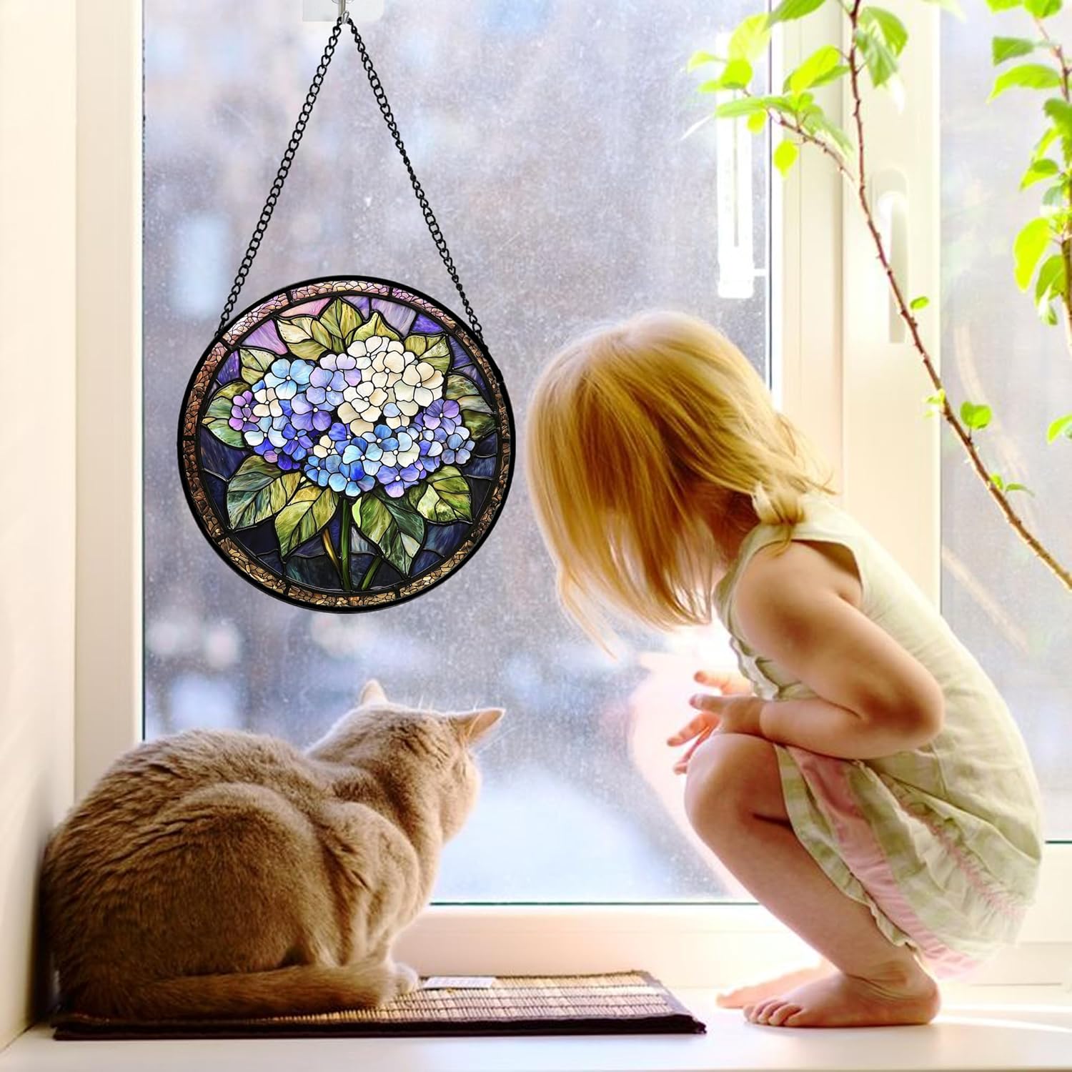 DASTOLL Stained Glass Window Hanging, Hydrangea Flowers Sun Catchers Diamond Glass Panel Hangings Plant Suncatcher Decor for Birthday for Women, Men, Wife, Aunt, and Mom 6.3 in