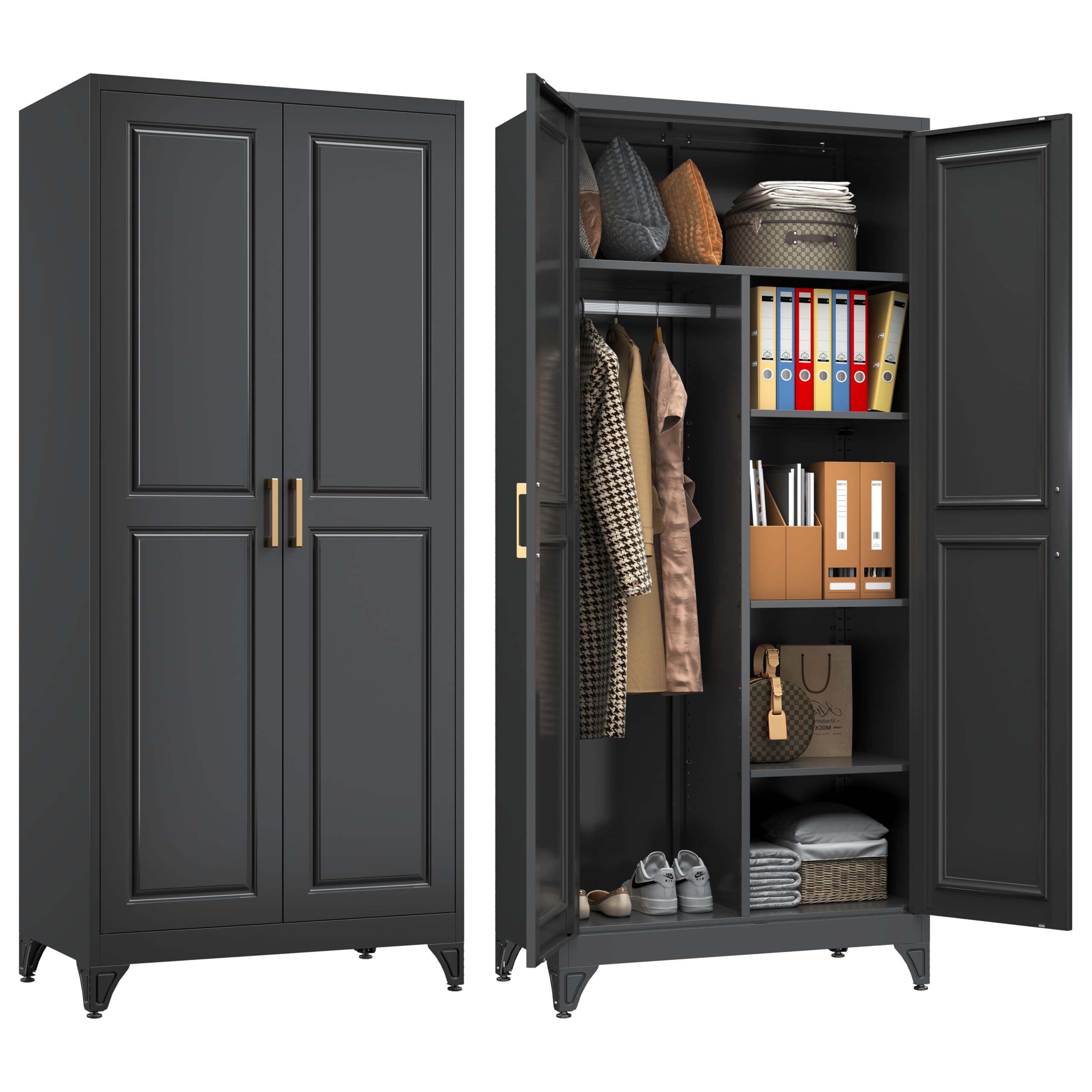 SteeLoong Kitchen Pantry Cabinet,75" Metal Storage Cabinet with Doors and 5 Adjustable Shelves,Black Tall Locker Organizer Steel Garage Cabinets for Tool,File Cabinet for Office,Kitchen,Garage,School