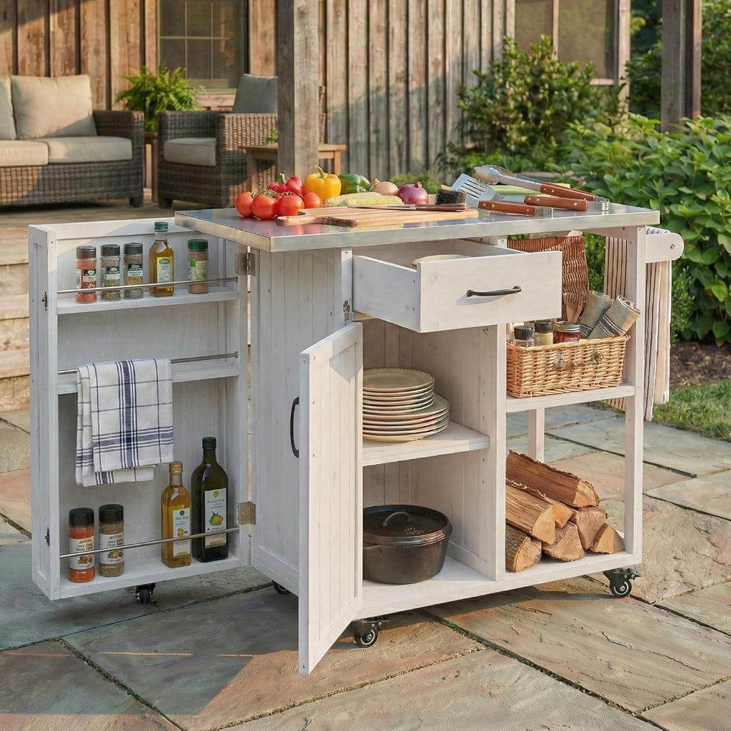 RuiSiSi Outdoor Kitchen Island with Stainless Steel Top, Rolling Grill Cart with Storage Cabinet, Drawer, Spice Rack & Towel Holder, Solid Wood BBQ Prep Table for Patio Backyard, Gray