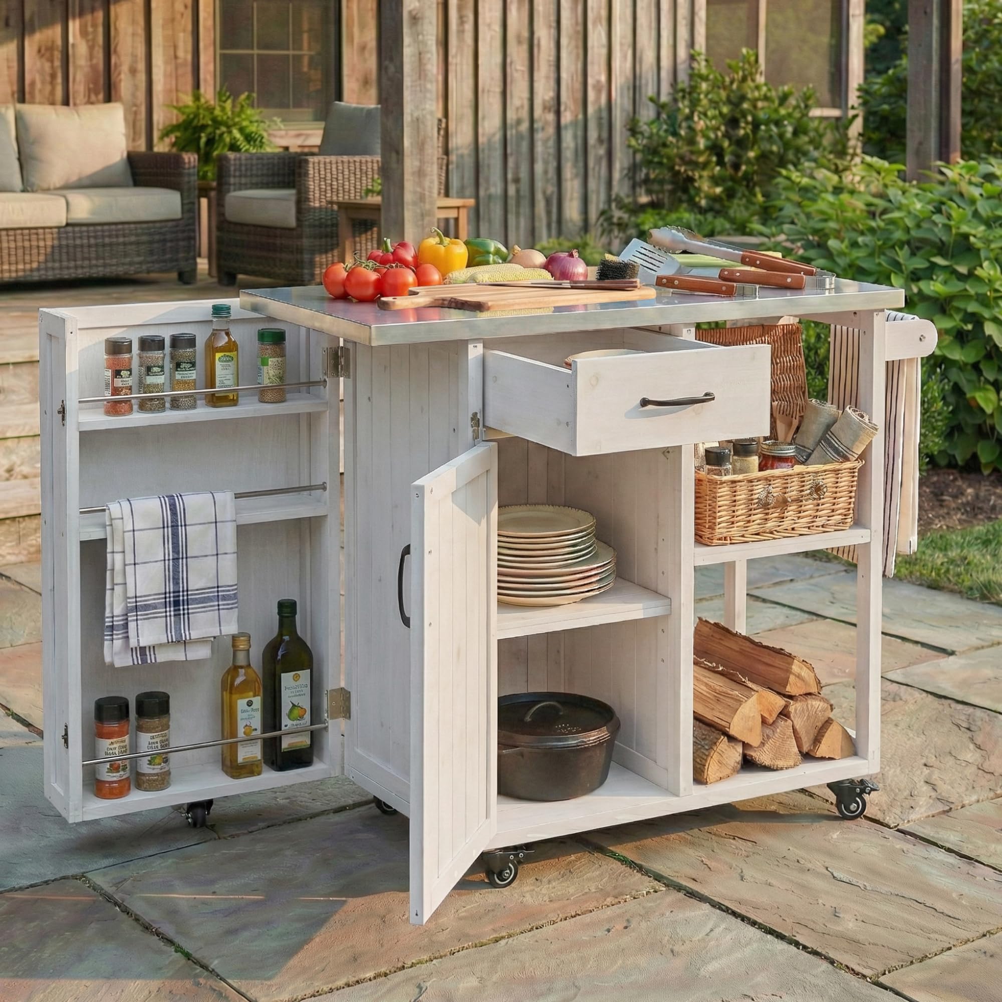 RuiSiSi Outdoor Kitchen Island with Stainless Steel Top, Rolling Grill Cart with Storage Cabinet, Drawer, Spice Rack & Towel Holder, Solid Wood BBQ Prep Table for Patio Backyard, Gray