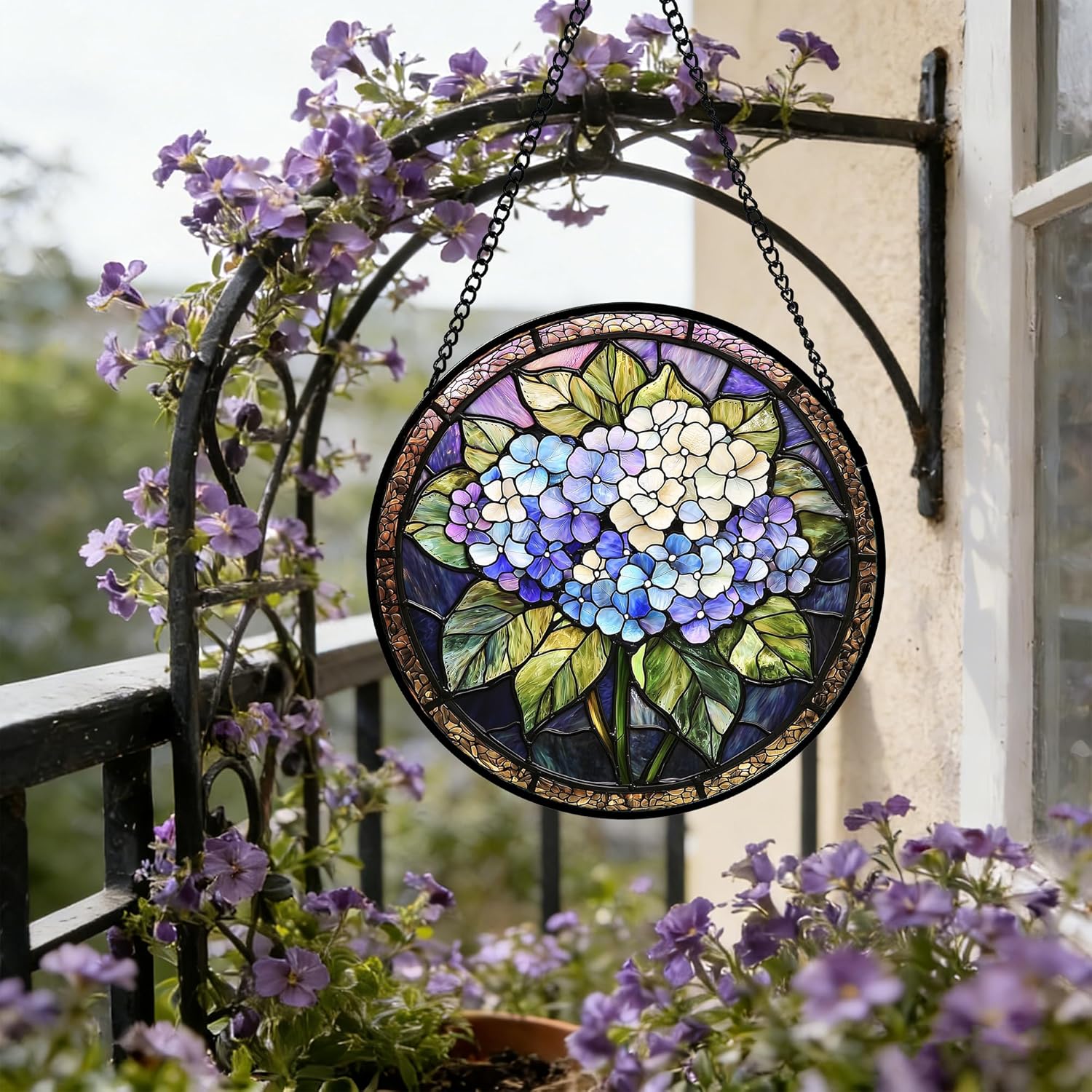DASTOLL Stained Glass Window Hanging, Hydrangea Flowers Sun Catchers Diamond Glass Panel Hangings Plant Suncatcher Decor for Birthday for Women, Men, Wife, Aunt, and Mom 6.3 in