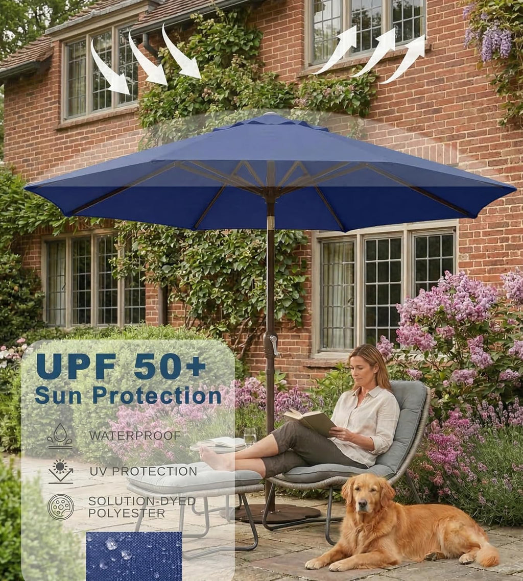PatioKingdom 9FT Patio Outdoor Umbrella-UPF 50+ Sun Shade with Wind Vent, Push-Button Tilt & Smooth Crank Lift, Rust-Resistant Fiberglass Frame for Garden, Backyard,Yard (Navy)