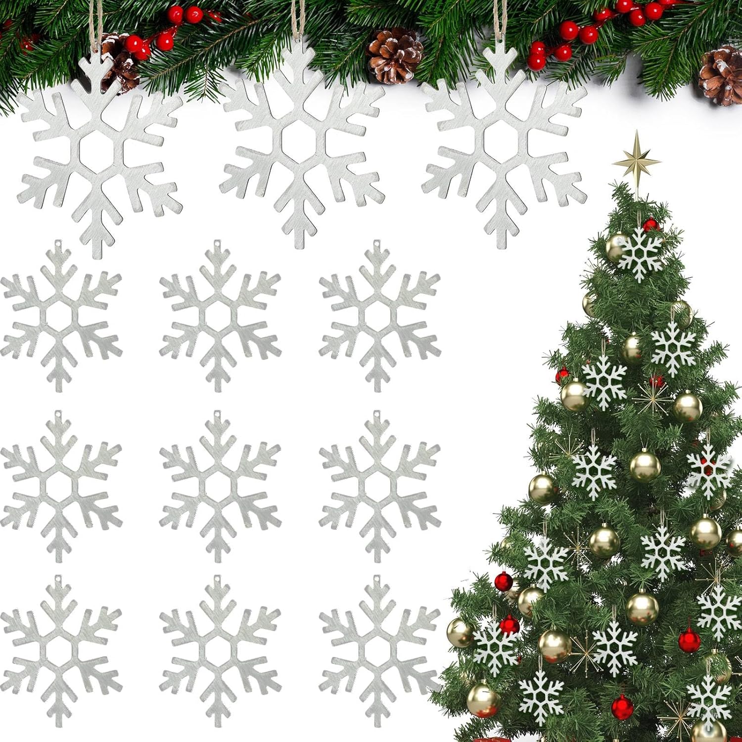 Shimeyao 12 Pcs Christmas Metal Snowflake Ornaments Winter Metal Hanging Tree Decorations Winter Christmas Decor for Tree Crafts for Home Indoor Outdoor Holiday Party(Hexagonal Snowflake)