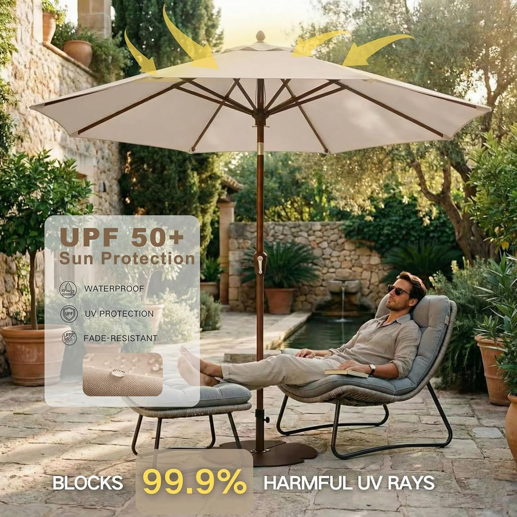 Kingdura 9FT Outdoor Patio Umbrella, Market Table Umbrella with Push Button Tilt and Crank, 8 Sturdy Fiberglass Ribs, UV Protection for Pool, Lawn, Deck, Backyard, Garden (Beige)