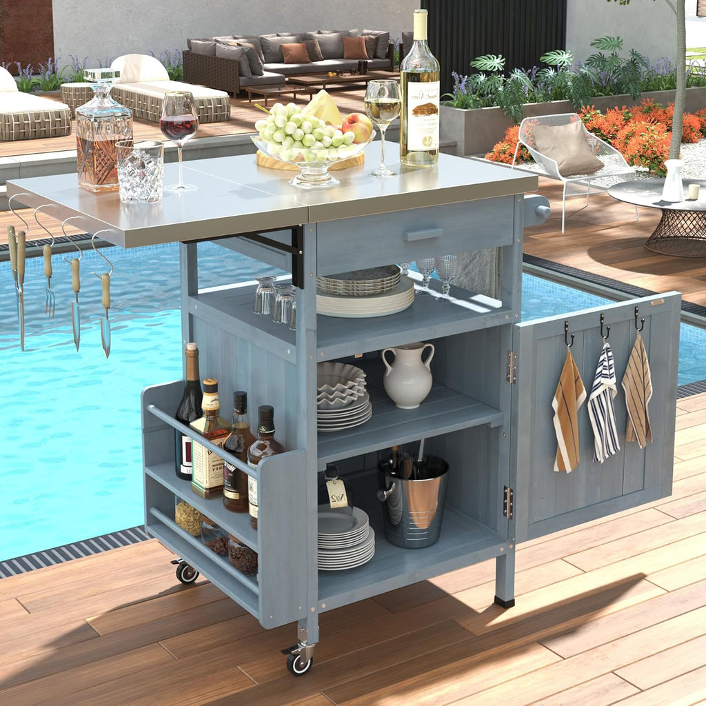 Outdoor Grill Cart with Stainless Steel Top, 40.5”Solid Wood BBQ Prep Table for Pizza Oven, Mobile Outdoor Kitchen Island with Drop Leaf, Storage Cabinet, Towel Rack & Spice Holder for Patio