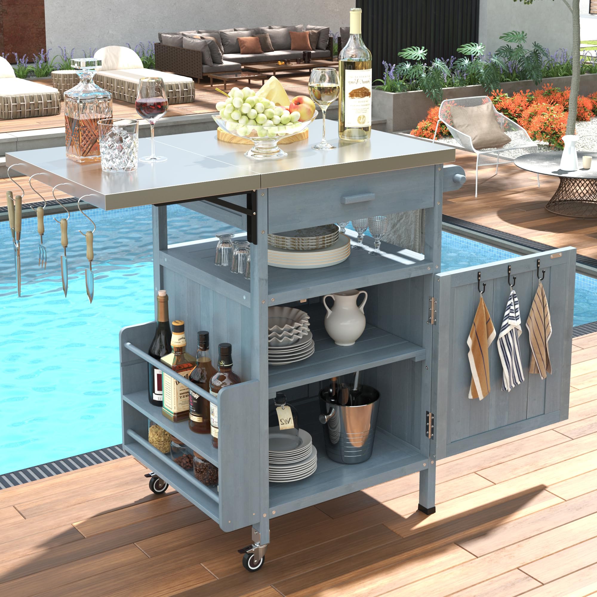 Outdoor Grill Cart with Stainless Steel Top, 40.5”Solid Wood BBQ Prep Table for Pizza Oven, Mobile Outdoor Kitchen Island with Drop Leaf, Storage Cabinet, Towel Rack & Spice Holder for Patio