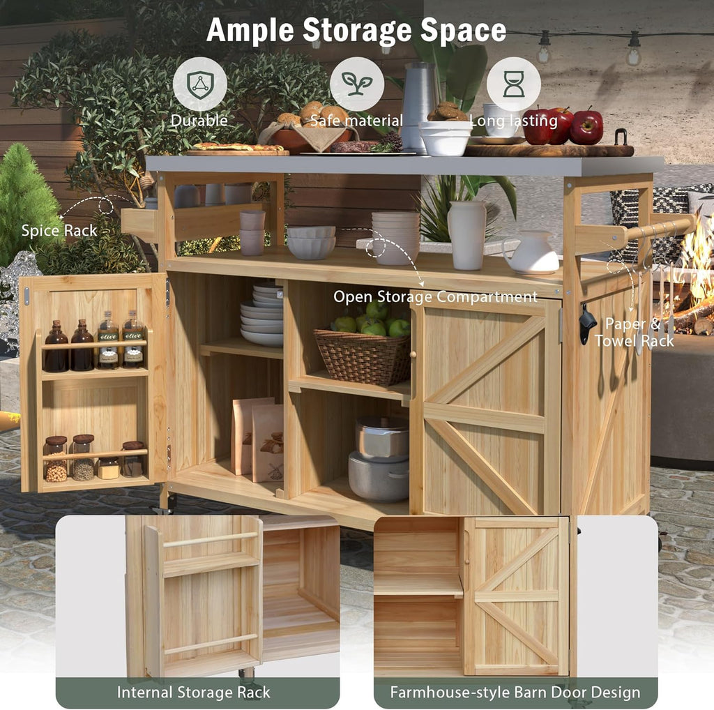 Merax Outdoor Kitchen Island, Rolling Bar Cart & Storage Cabinet, Farmhouse Solid Wood Outdoor Grill Table with Stainless Steel Top, Spice Rack, Towel Rack for Kitchen & BBQ, Natural