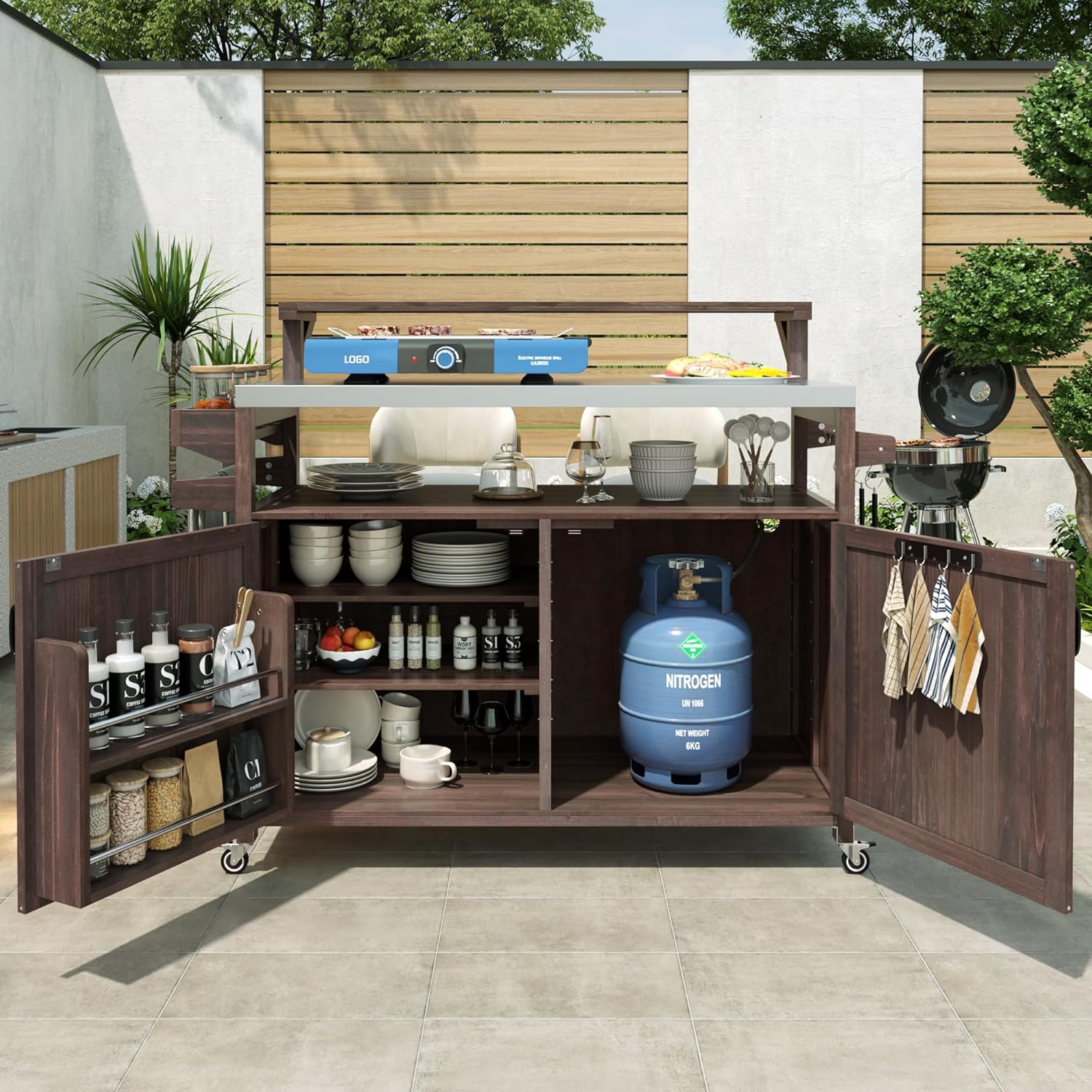 YOPTO 53.3" Outdoor Kitchen Island with Raised Shelf,Solid Wood Grill Cart,Stainless Steel Top,Adjustable Shelf,Spice Rack,Lockable Wheels,Brown