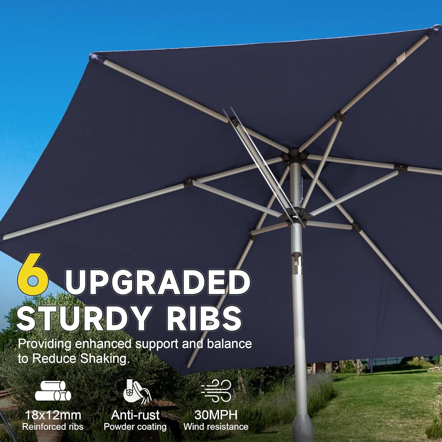 Domi 7.5FT Patio Umbrella Outdoor Market Umbrella with Silver Aluminum Pole, UV Resistant Canopy, Wind Vent, Tilt & Crank System, Perfect for Patio, Garden, Deck, Pool, Outdoor Dining, Navy Blue