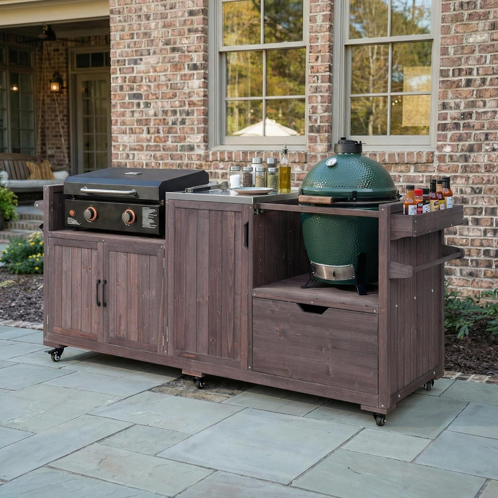 Outdoor Grill Table with Stainless Steel Top, Solid Wood Outdoor Kitchen Island with Drawer for Big Green Egg, Rolling Kitchen Cart for Blackstone Griddle (Dark Brown)