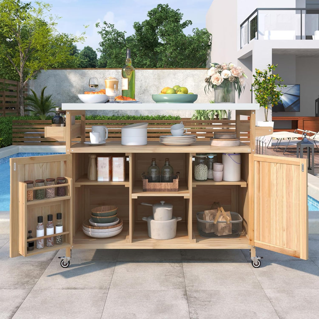 Merax Outdoor Kitchen Island, Rolling Bar Cart & Storage Cabinet, Farmhouse Solid Wood Outdoor Grill Table with Stainless Steel Top, Spice Rack, Towel Rack for Kitchen & BBQ, Natural