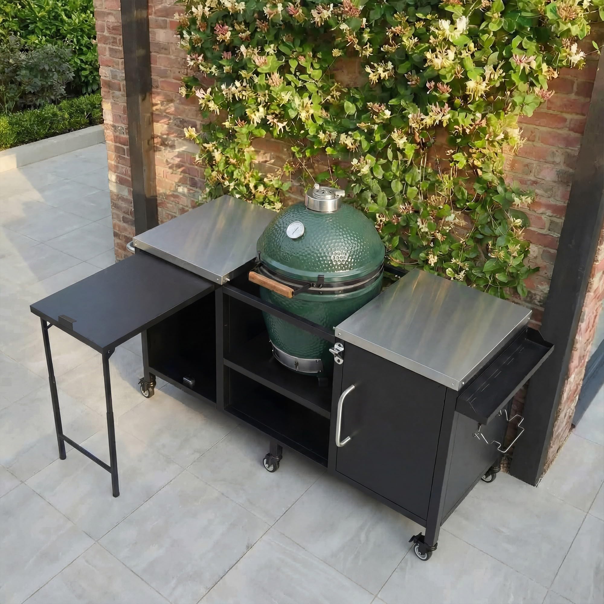 78.3" Outdoor Kitchen Island with Foldable Grill Table, Wooden Outdoor Grill Cart with Trash Can Storage & Stainless Steel Top, Outdoor Bar Cart, Pizza Oven Table for Lawn & Garden (Dark Brown1)