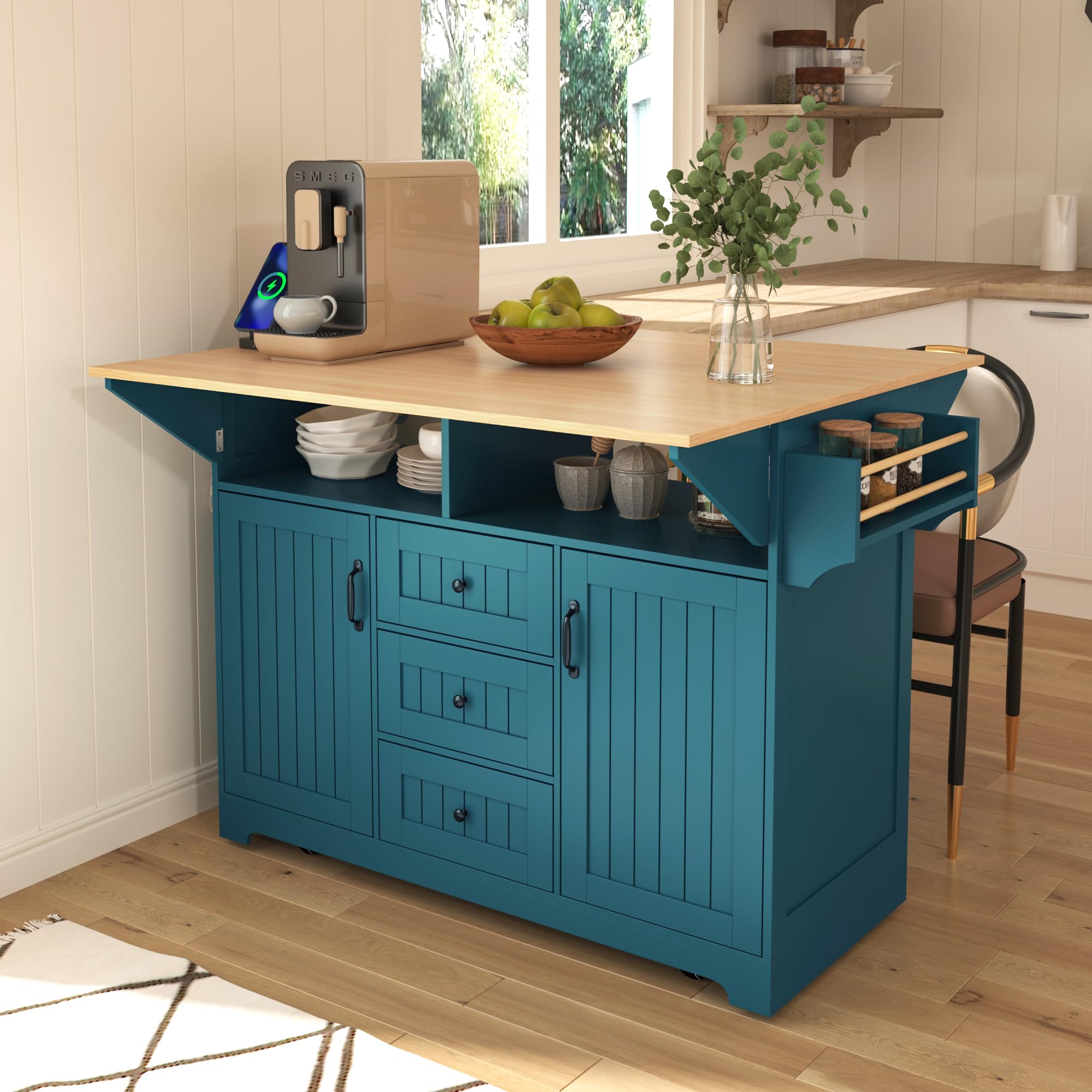 Farmhouse Outdoor Kitchen Island, Rolling Bar Cart & Storage Cabinet with Stainless Steel Top, Spice Rack, Towel Rack for Kitchen & Barbecue, Solid Wood Outdoor Grill Table (Natural)