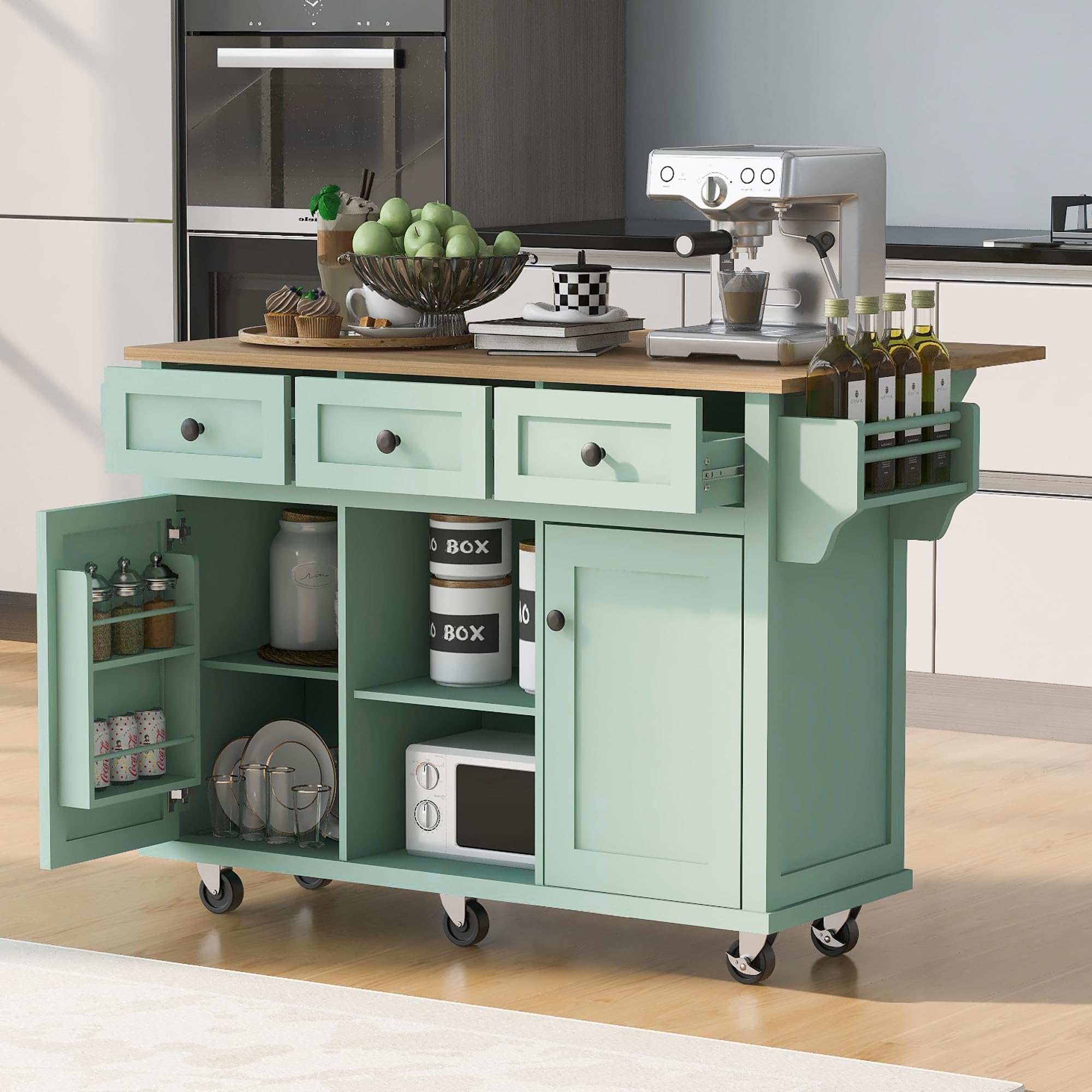 Farmhouse Outdoor Kitchen Island, Rolling Bar Cart & Storage Cabinet with Stainless Steel Top, Spice Rack, Towel Rack for Kitchen & Barbecue, Solid Wood Outdoor Grill Table (Natural)